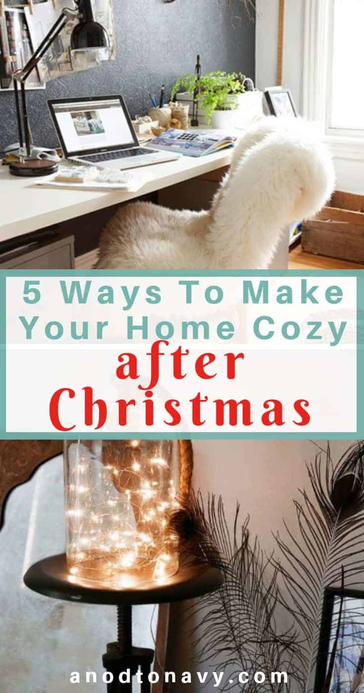 fairy lights under jar and sheepskin rug over chair