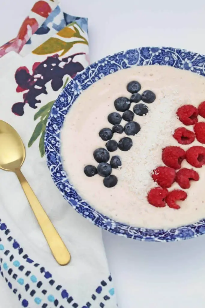 Mornings are busy in our home and sometimes figuring out what to eat for breakfast can become an after thought. This easy high protein fruit smoothie bowl is ready in minutes, healthy, and fills you up!  #5minutebreakfast #easybreakfast #highproteinbreakfast #smoothiebowl #quickbreakfast #easymeal #onebowlmeal 