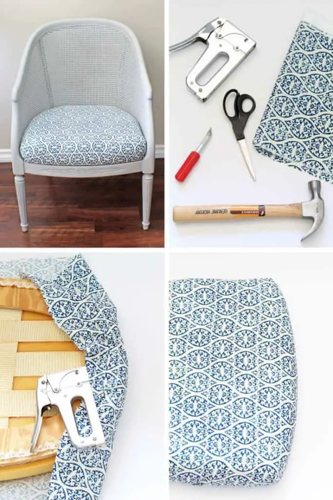 reupholstered chair cushion in blue block print