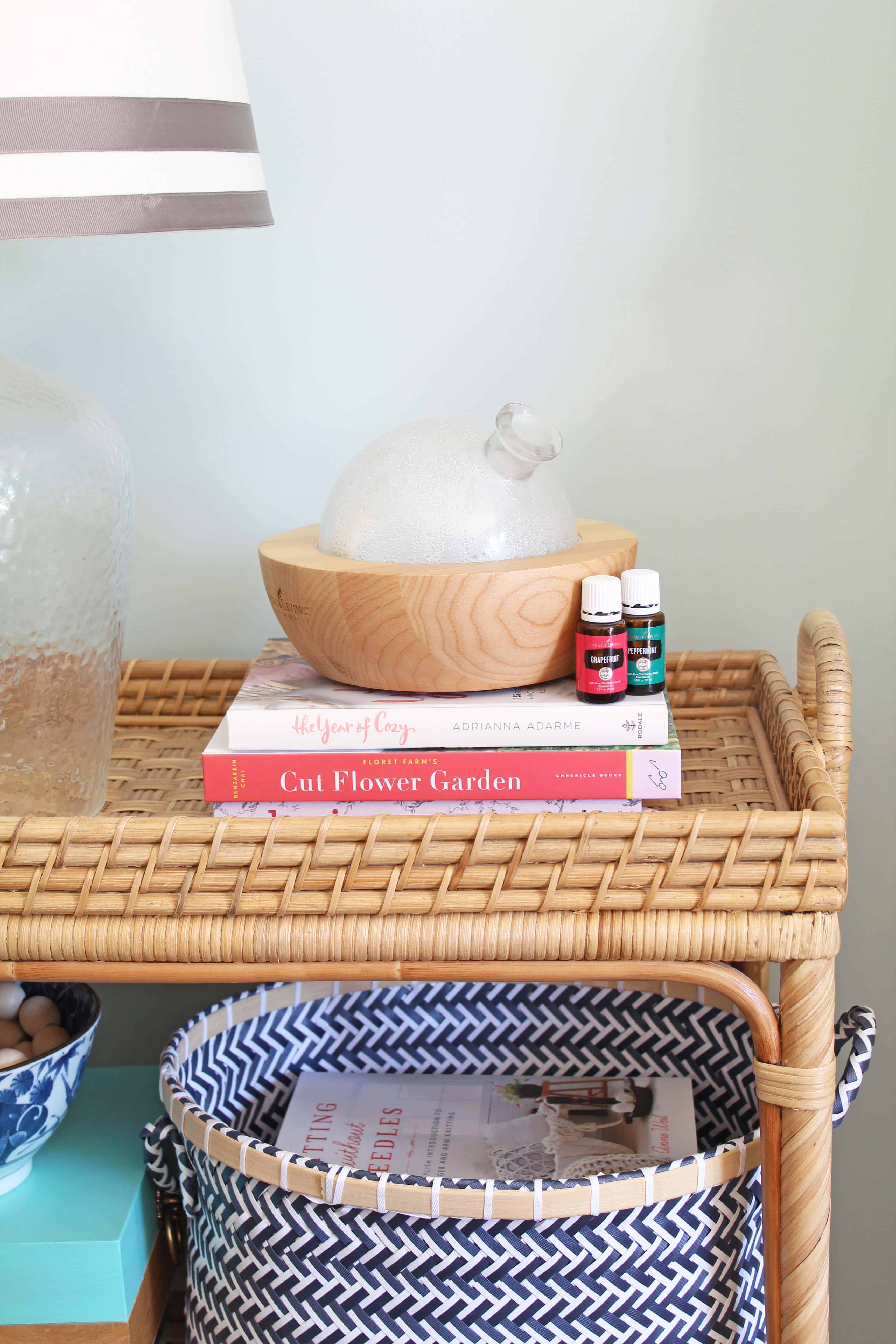 serena and lily south seas bar cart, young living aria diffuser, mint green living room walls