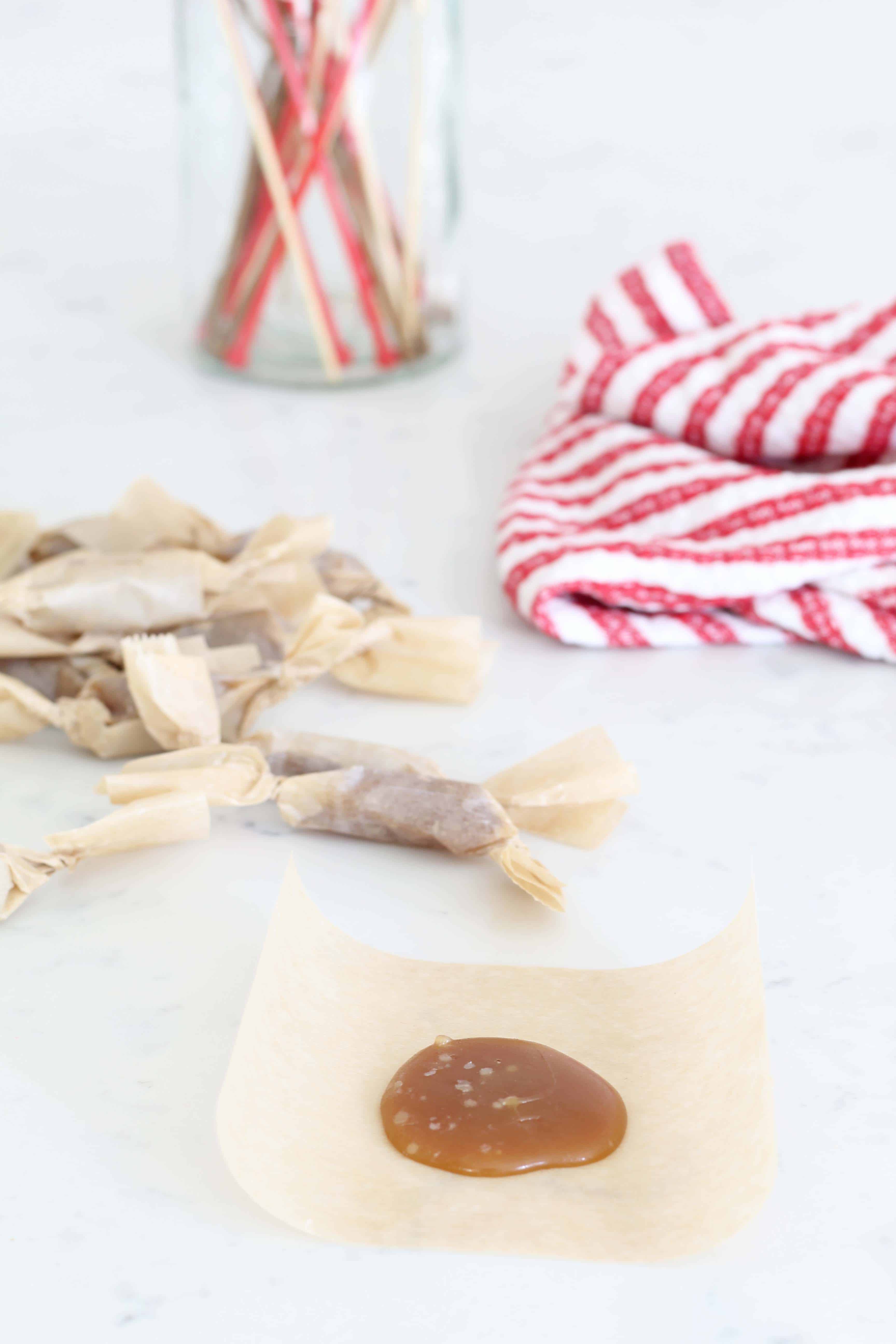 homemade caramels and red striped towel 