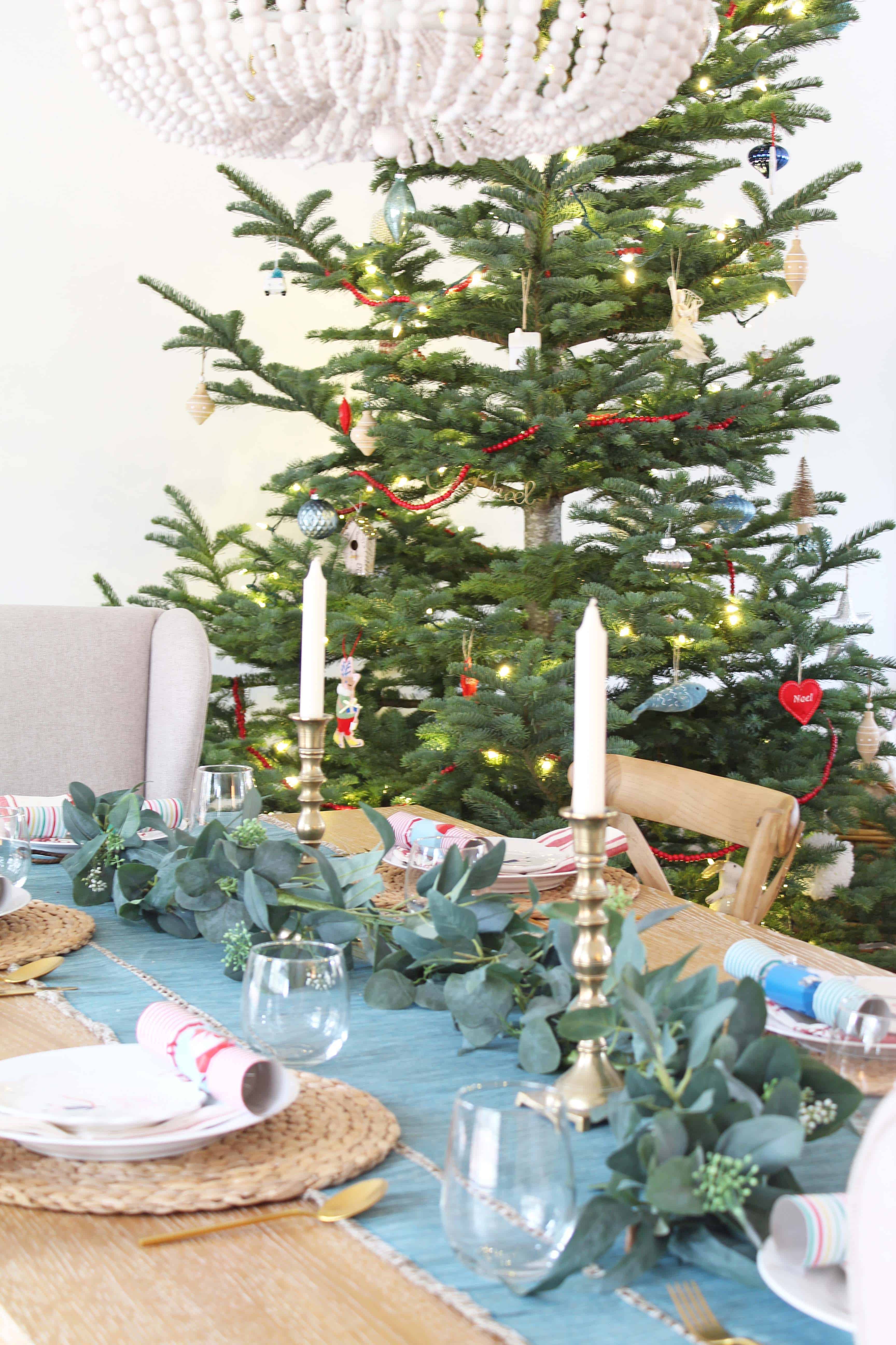 christmas table with beaded chandelier