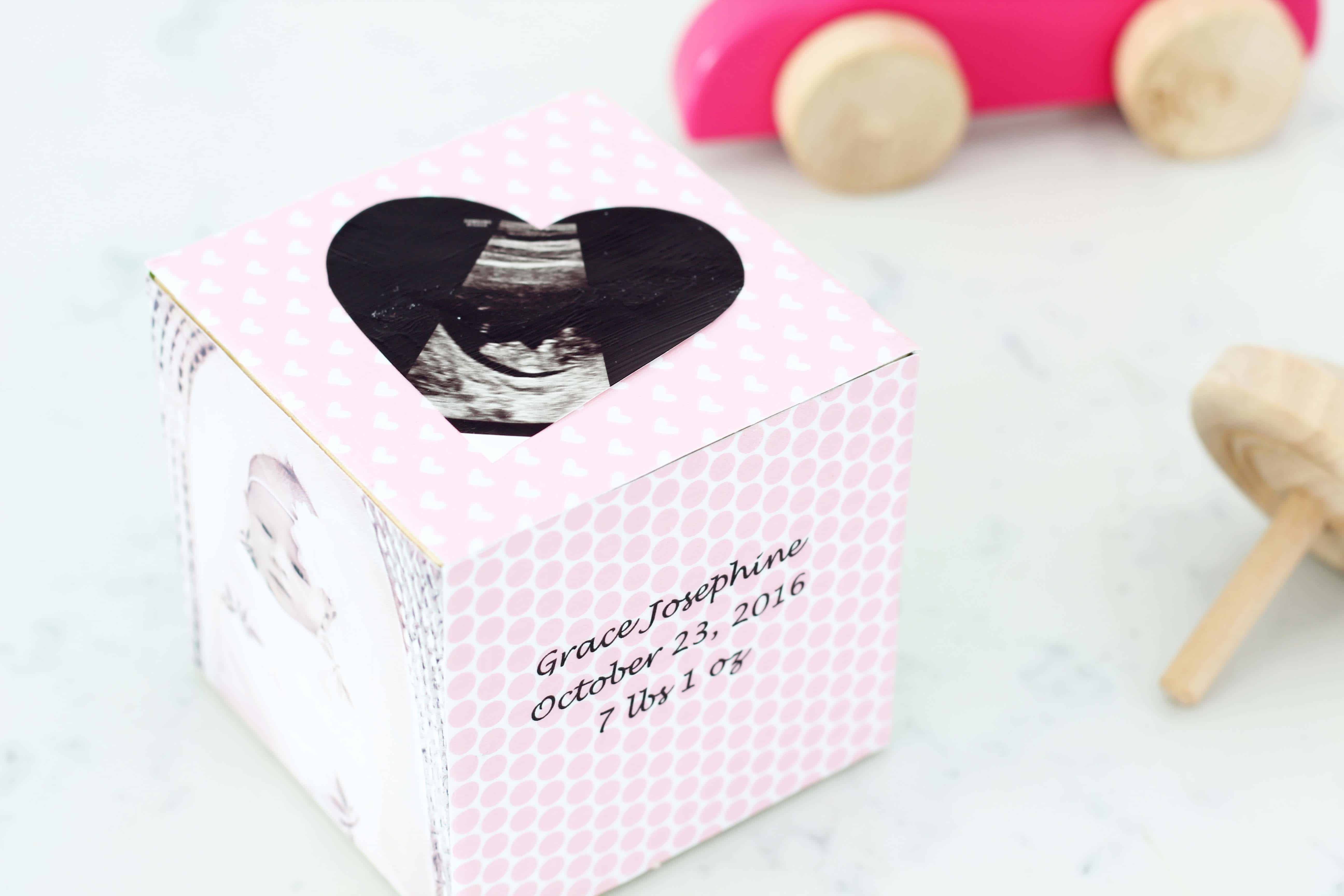 newborn baby keepsake block with wooden top and ultrasound picture