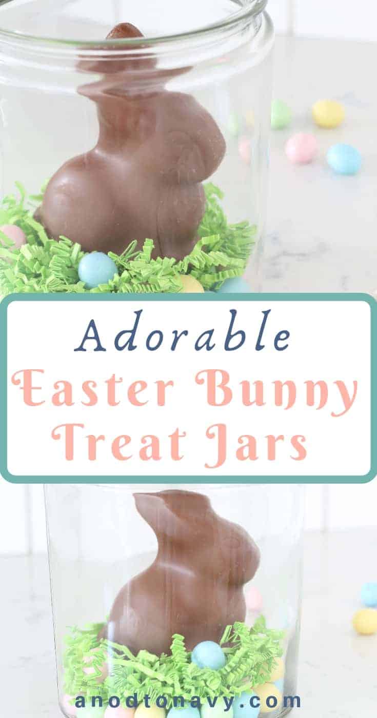 chocolate easter bunny in glass jar with pastel egg candy 