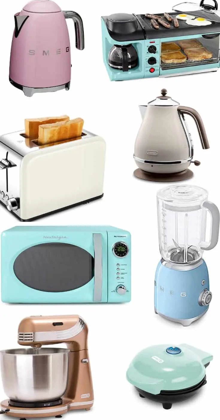 retro inspired kitchen appliances, pink electric kettle, mint green microwave, smeg blender, dash stand mixer, smeg electric kettle
