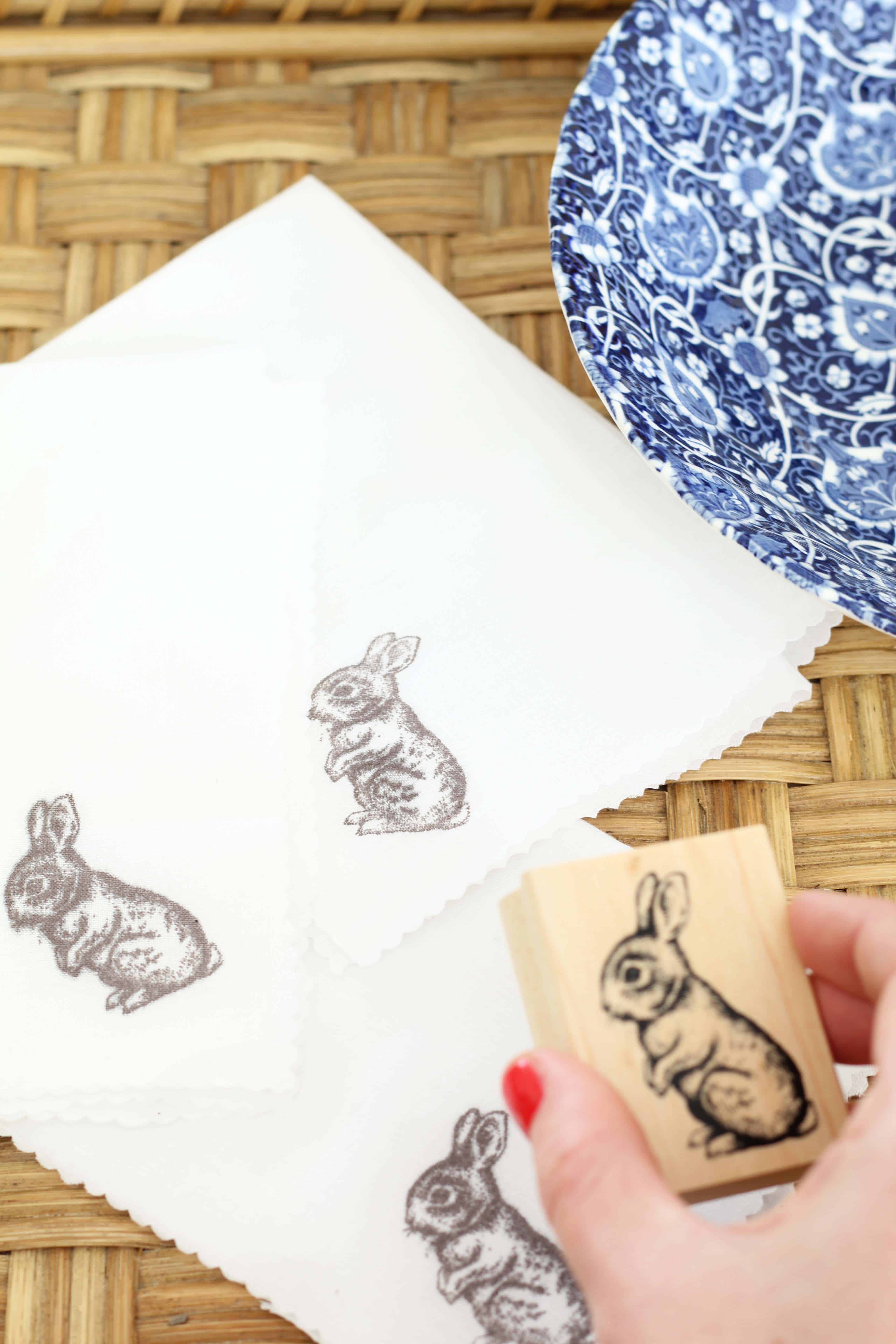 hand stamped easter bunny napkins and blue transfer ware bowl