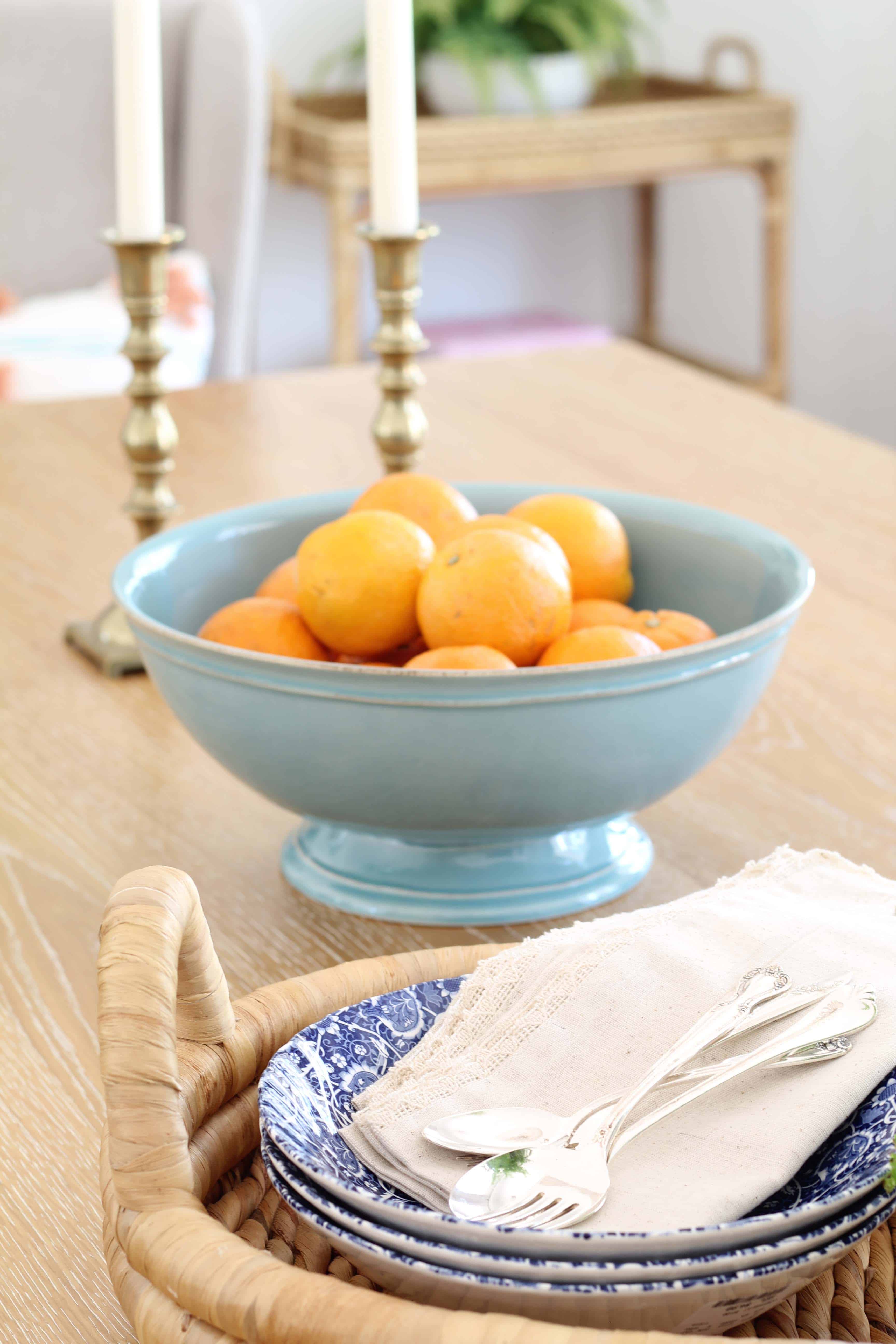 pottery barn cambria footed serving bowl, vintage brass candlesticks, burleigh pottery soup bowls 