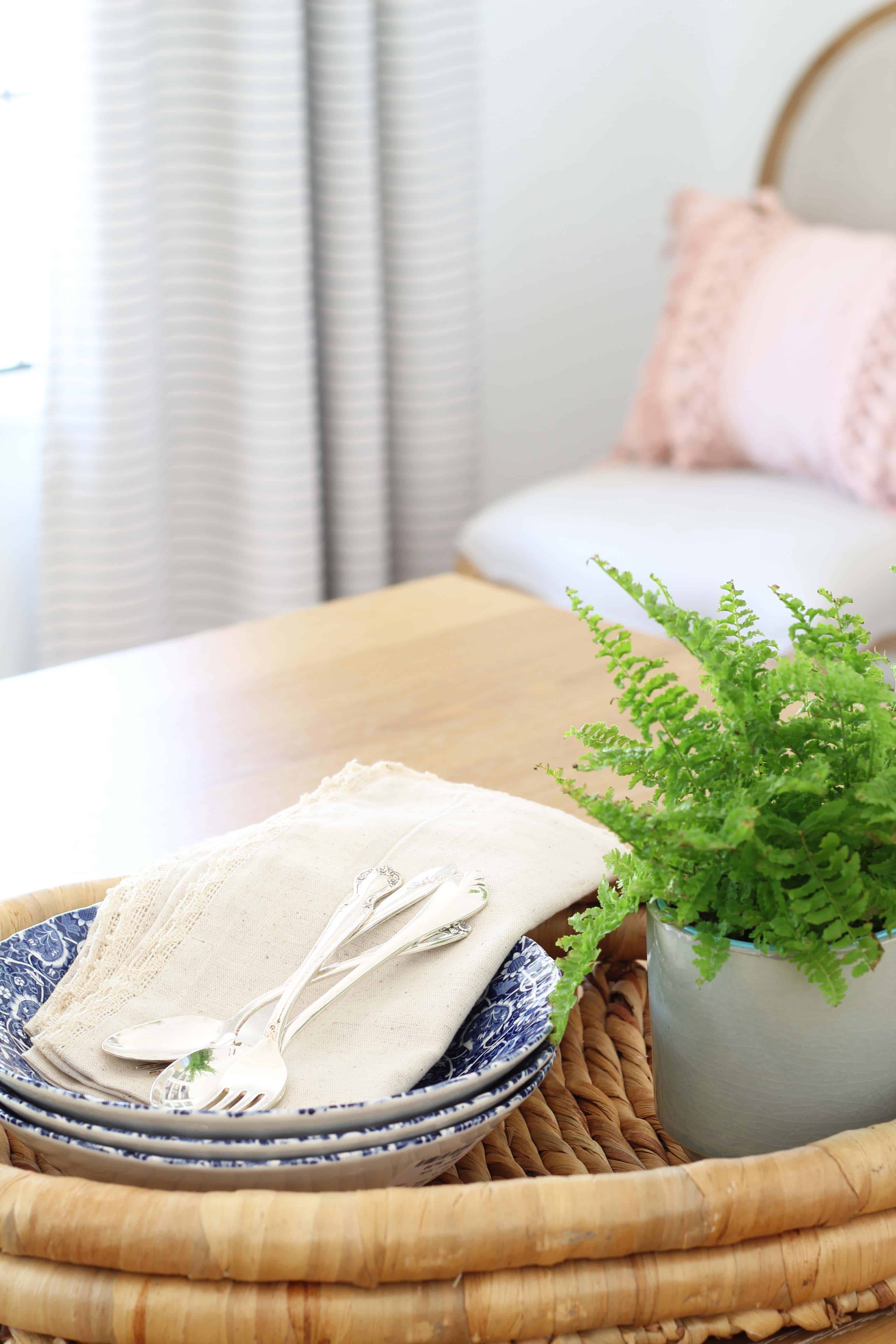 stone and beam striped curtains, fern in aqua pot, blue transfer ware with antique silverware