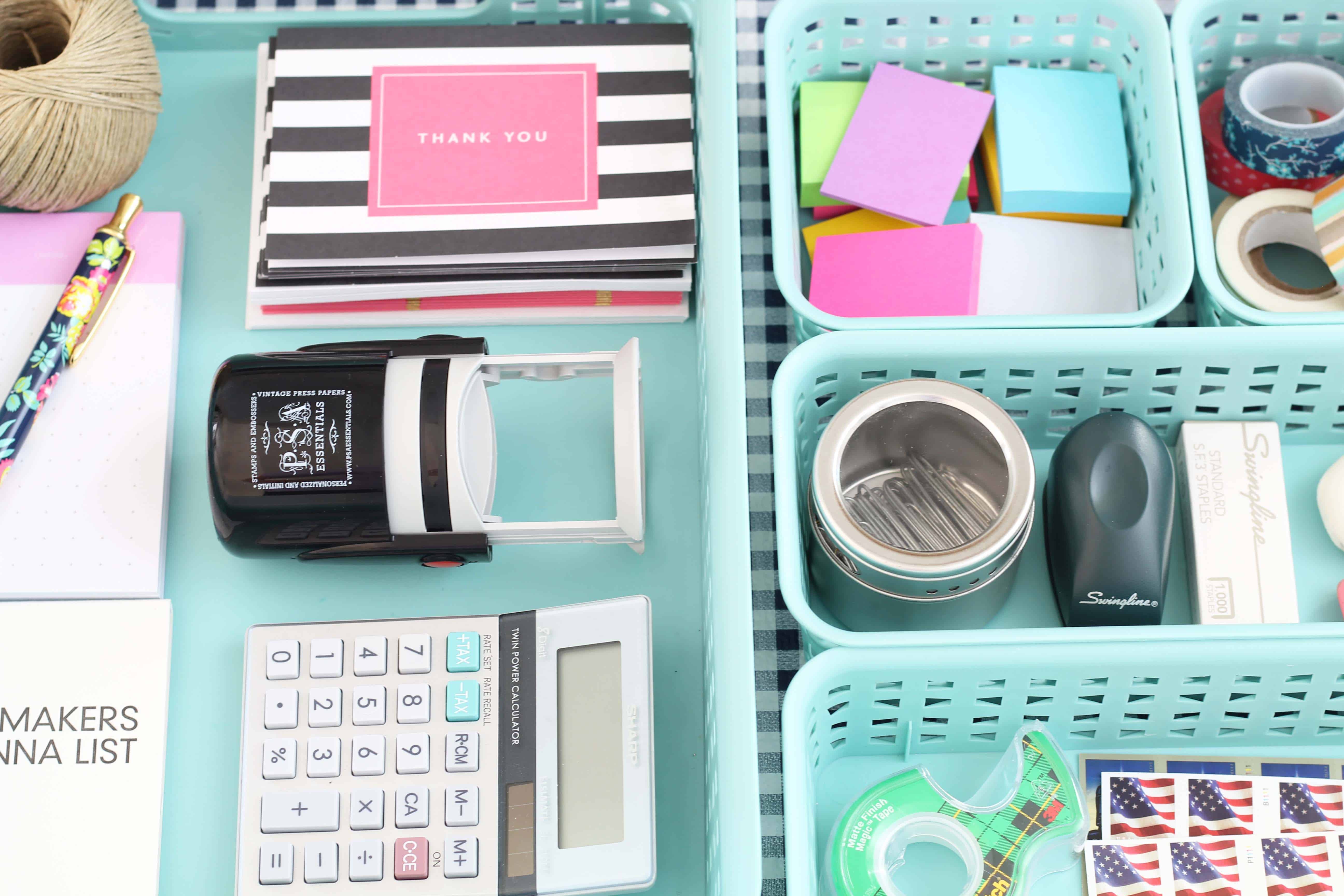 colorful wash tape, rifle paper co stickers, navy blue gingham drawer liner