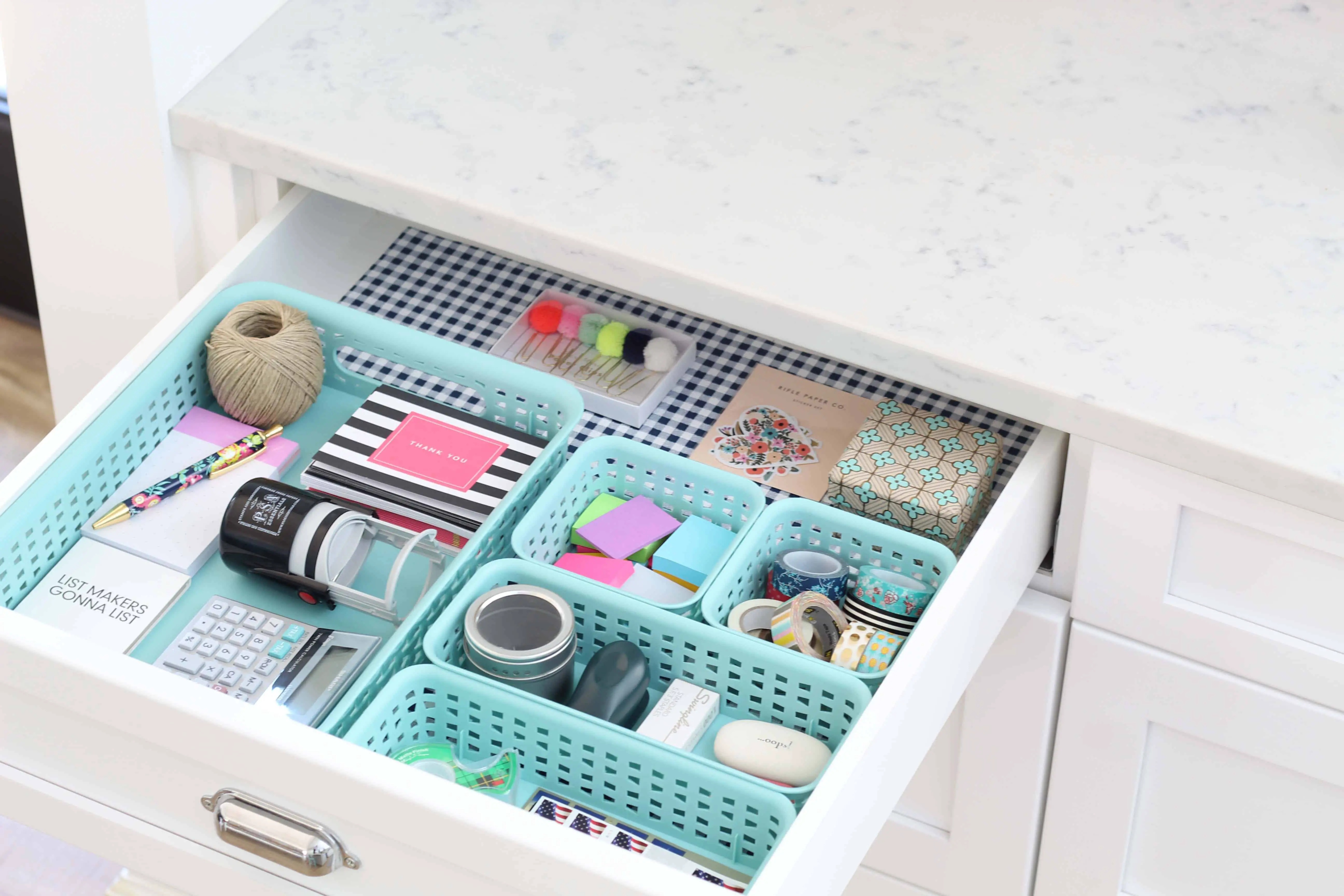 aqua drawer organizers, navy gingham drawer liner, junk drawer organization ideas and tips
