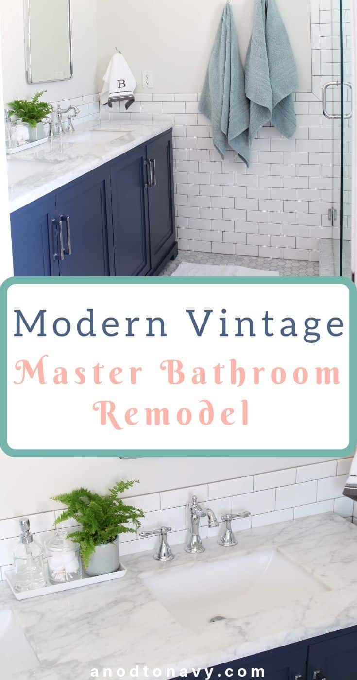 subway tile bathroom with navy blue vanity 