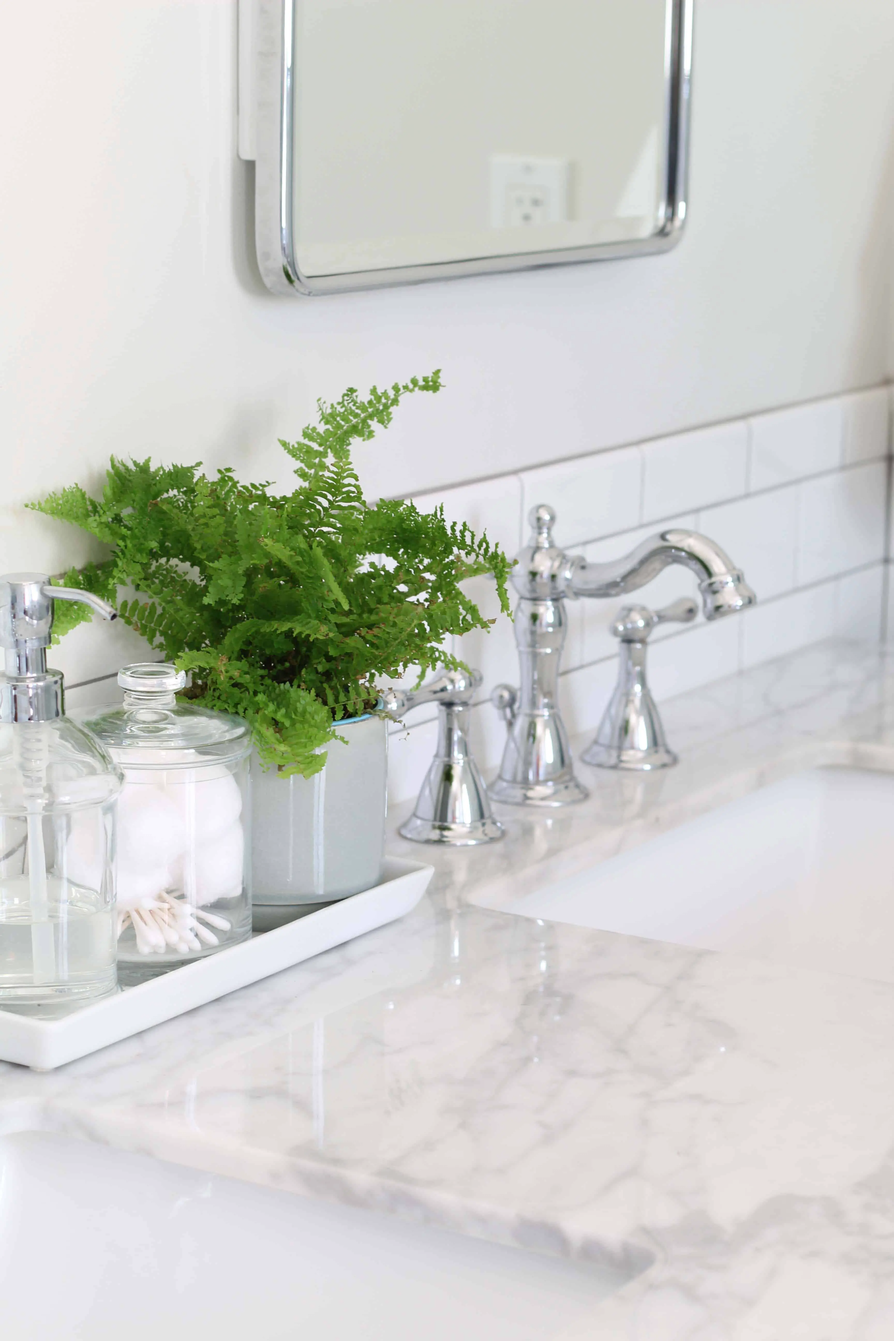marble bathroom vanity, fern, vintage faucet