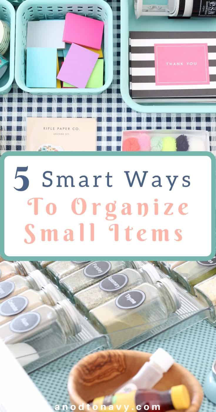 organized spice drawer with glass jars, organized junk drawer with navy gingham drawer liner