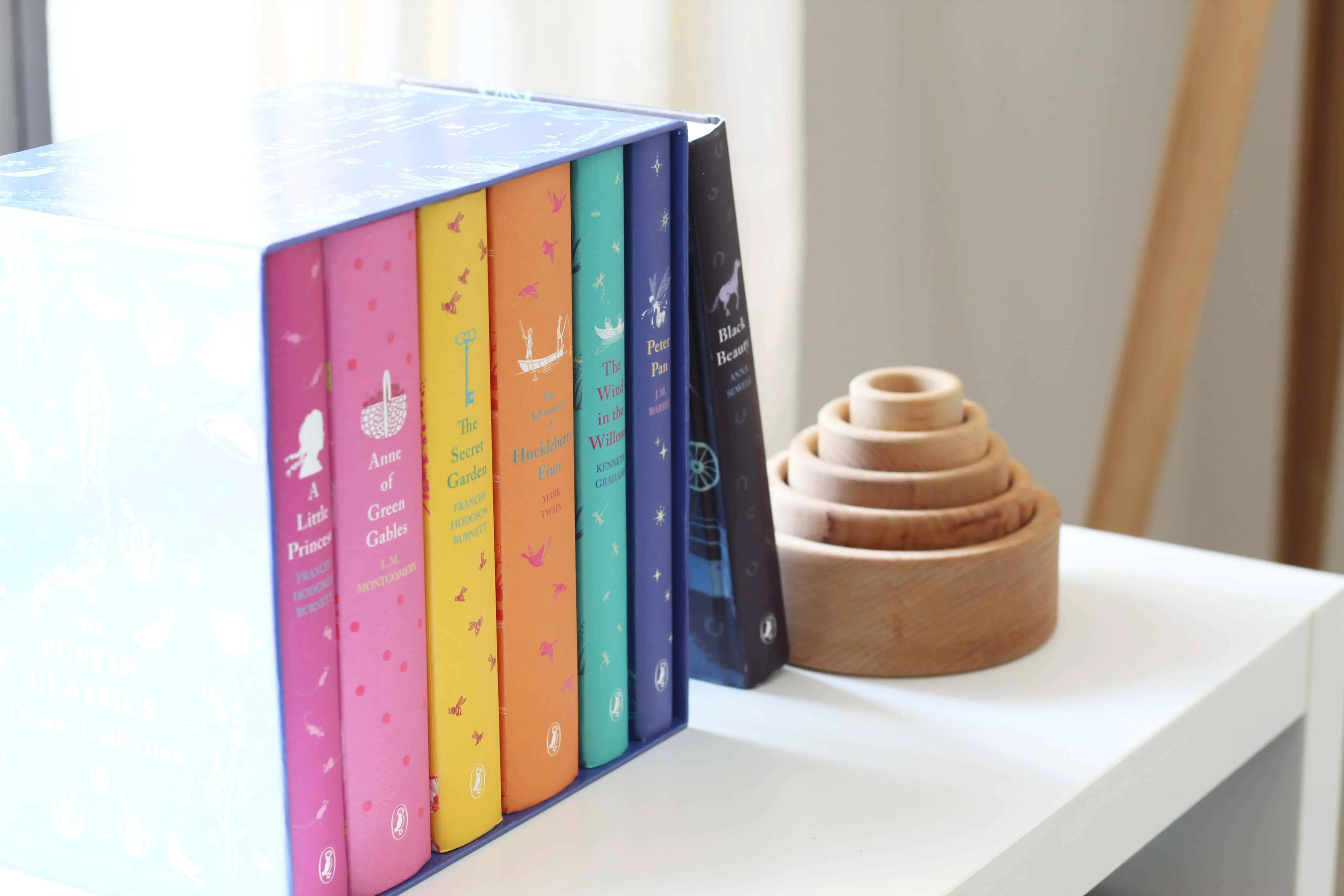puffin classics book set, grimm wood nesting bowls