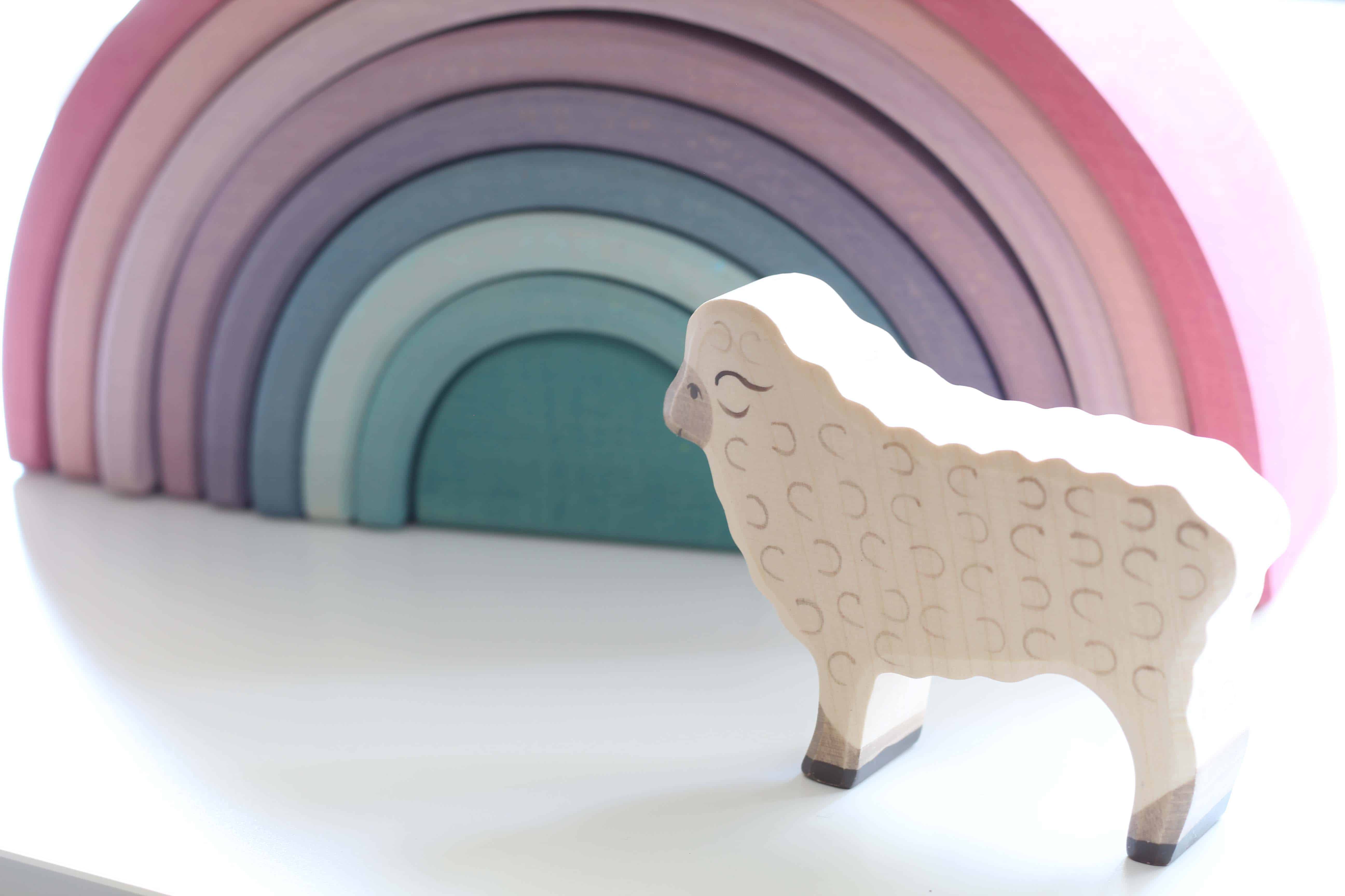 grimm rainbow stacker, wooden sheep toy