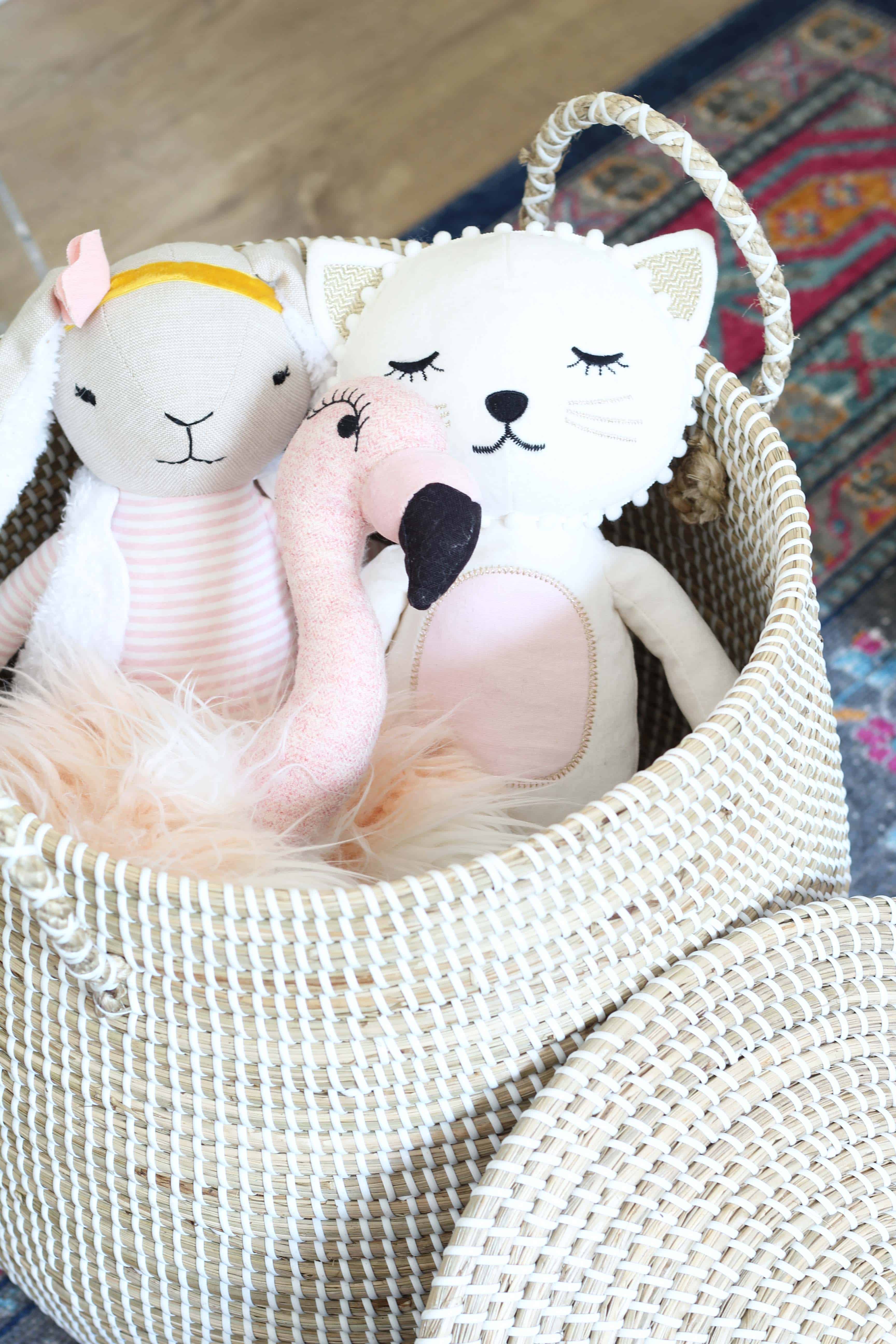 serena and lily lidded baskets, pottery barn stuffed cat, target stuffed bunny