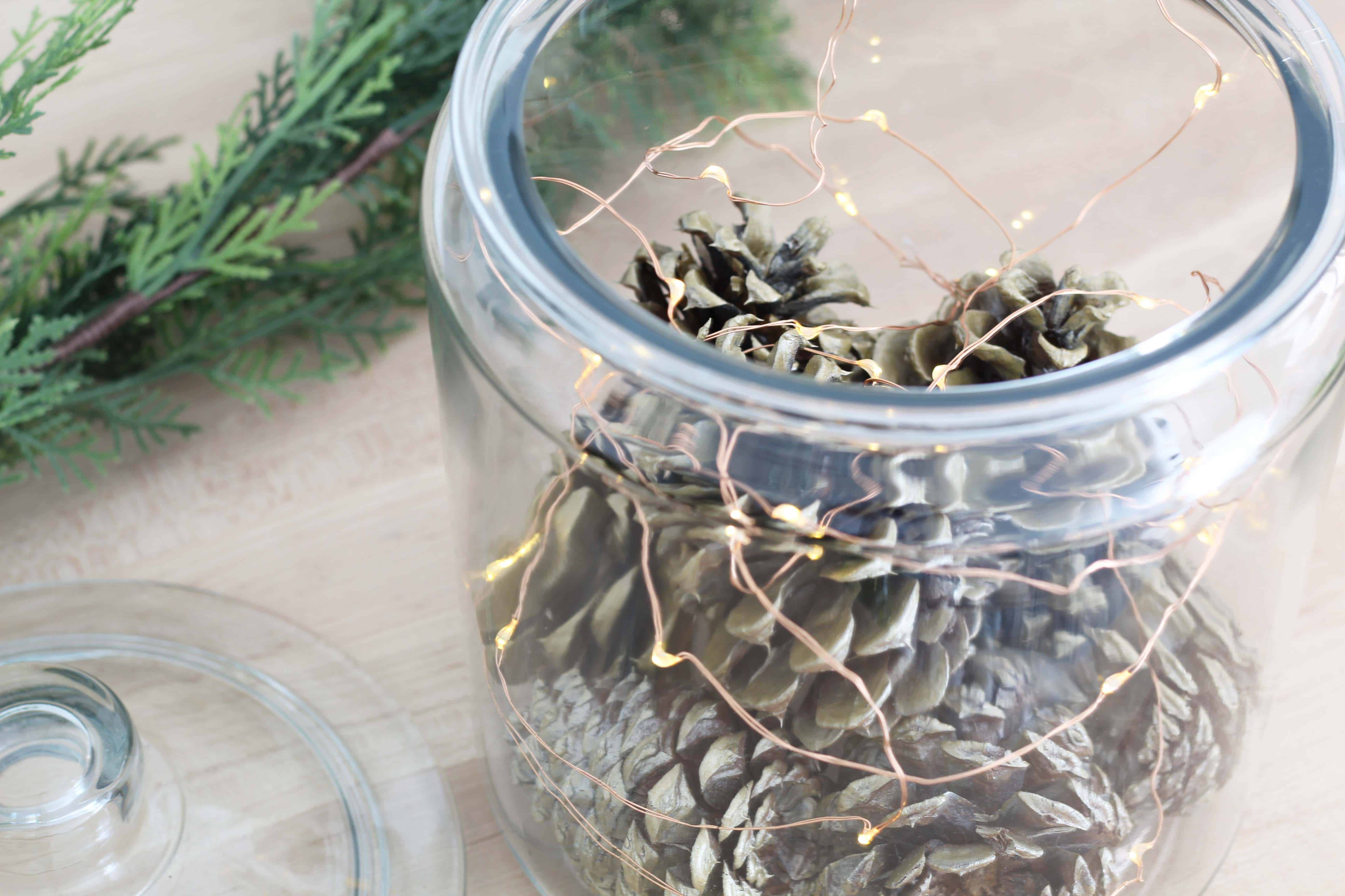 pinecones in glass canister with fairy lights