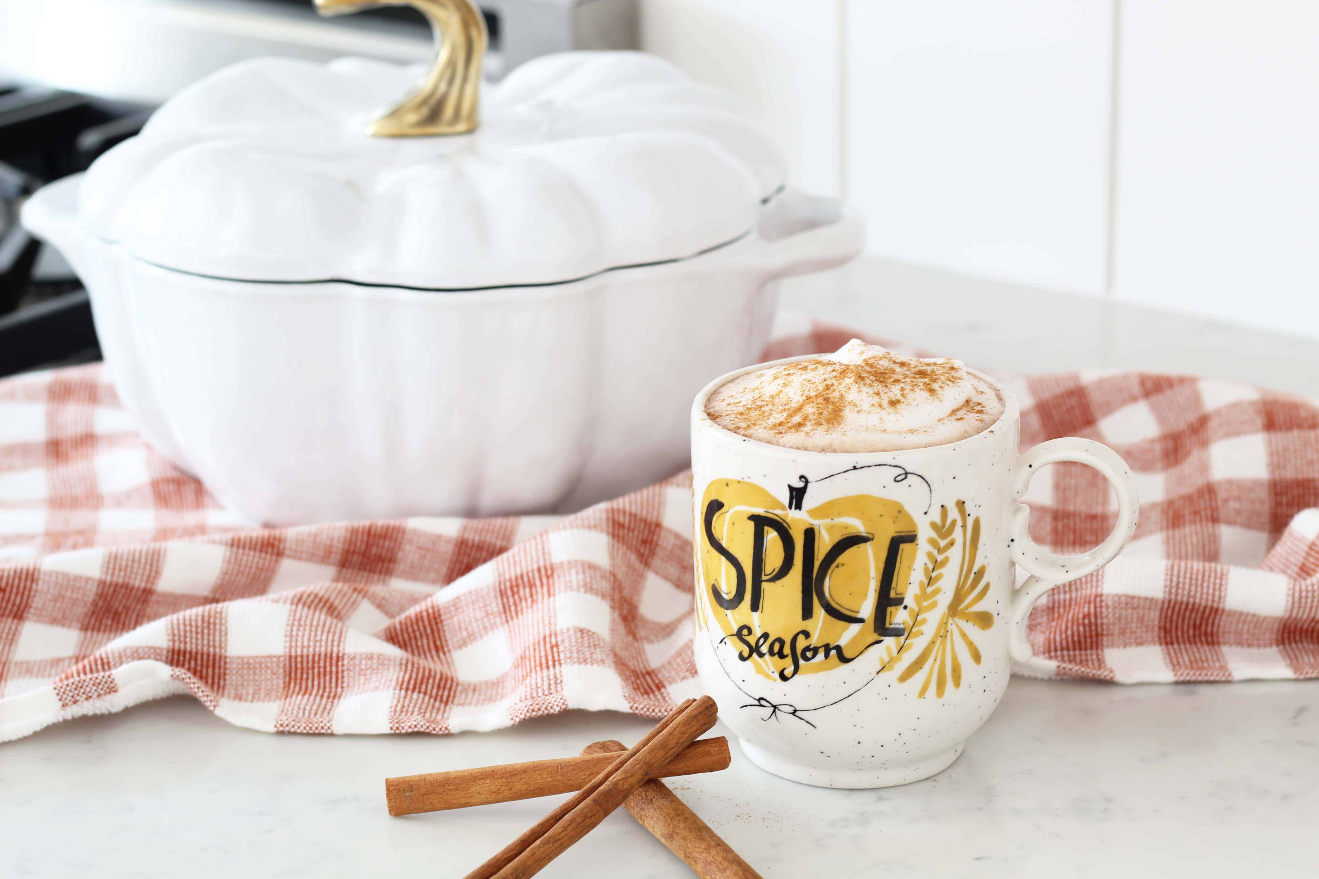 staub white pumpkin cocotte, orange gingham dishtowel, anthropologie pumpkin spice season mug