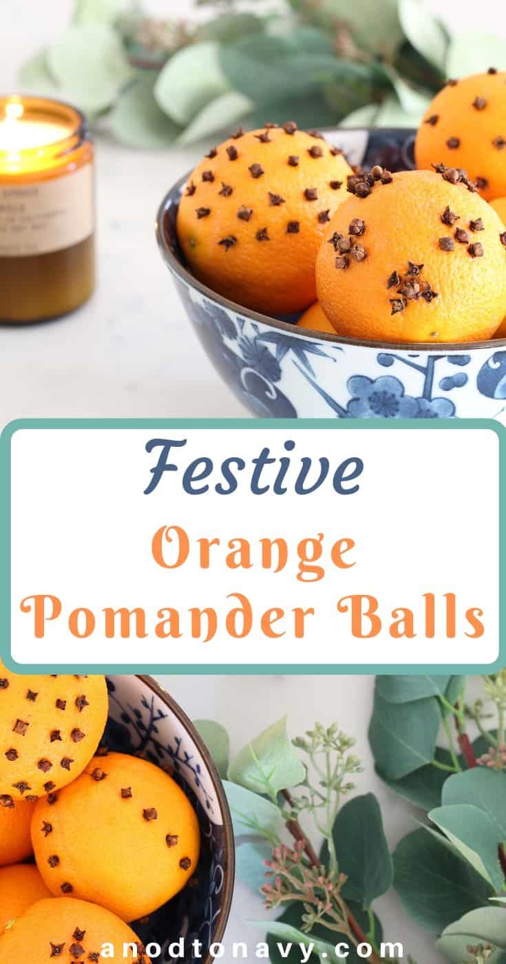 P.F. candle co spruce candle, orange pomander balls, faux eucalyptus stems