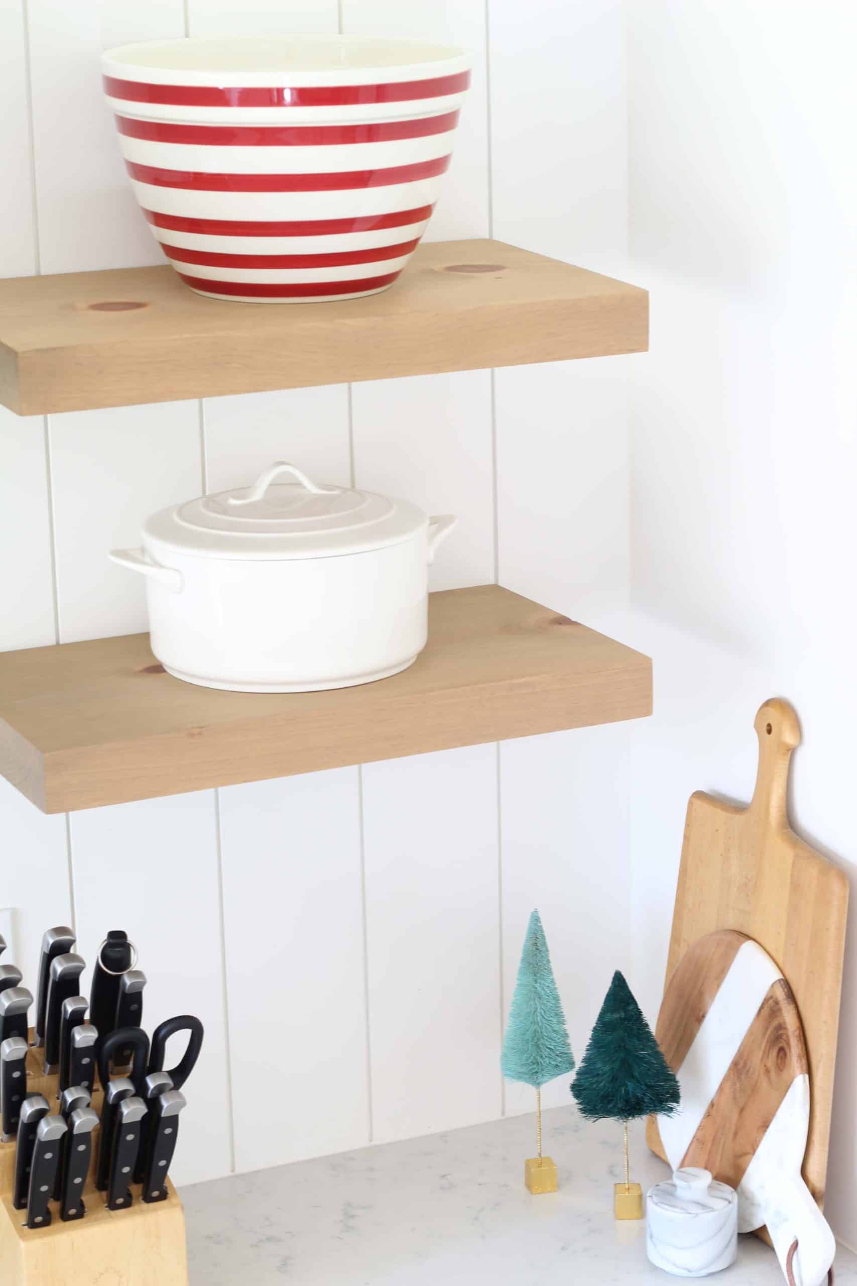 crate and barrel red striped mixing bowl, modern farmhouse kitchen open shelving 