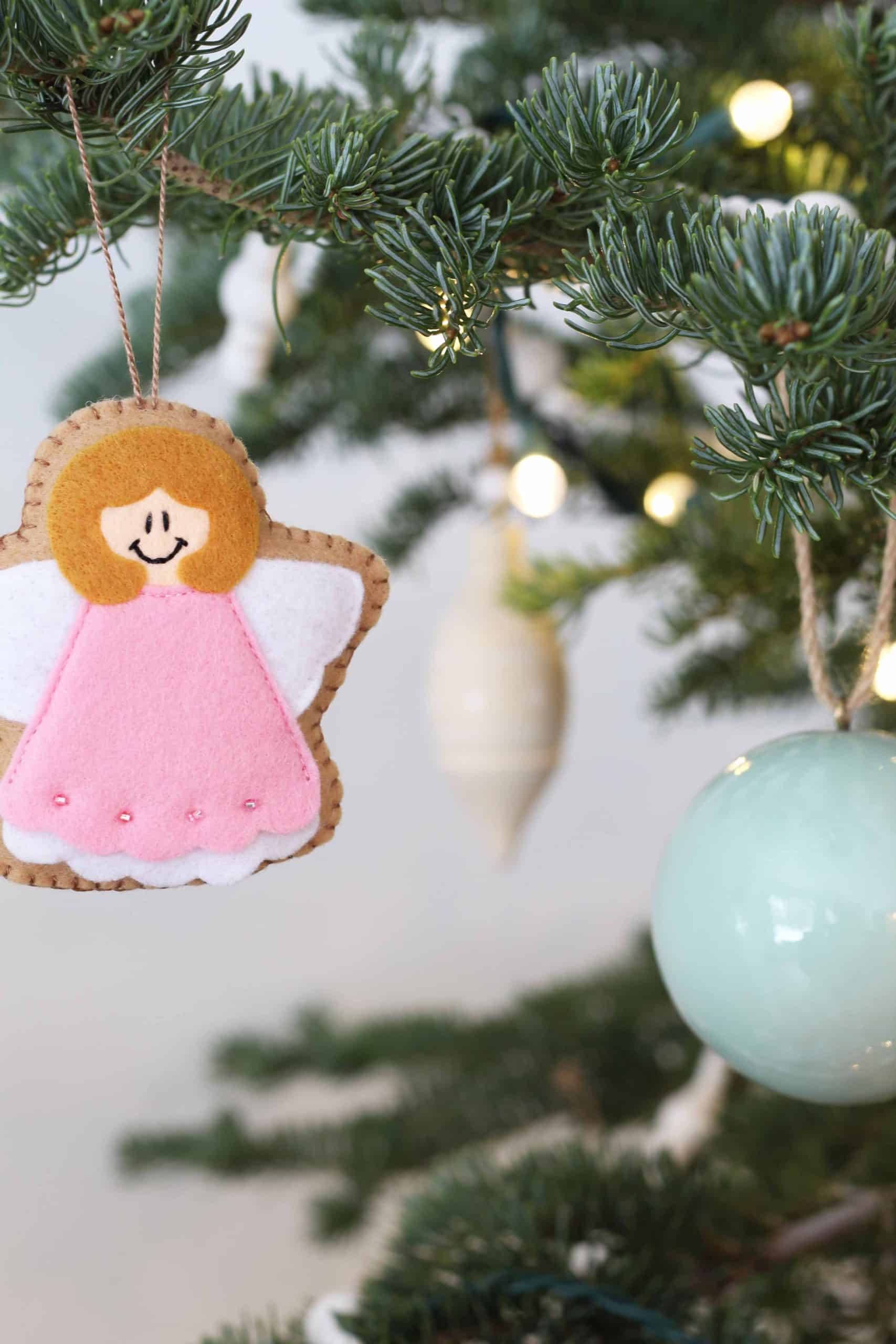 pink felt christmas angel ornament, land of nod colorful ball ornaments