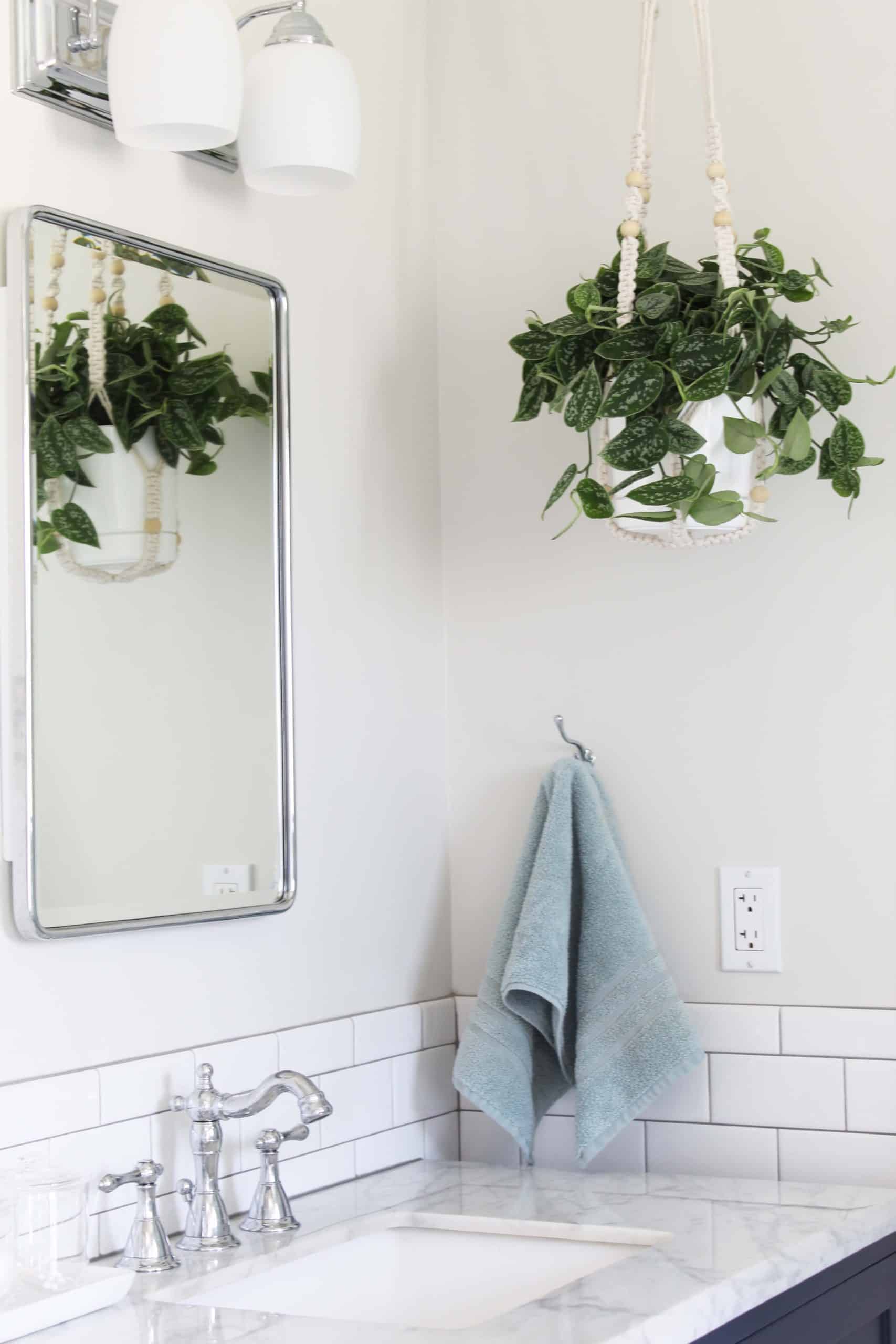 hanging macrame plant in bathroom, subway tile with gray grout, pottery barn recessed medicine cabinet