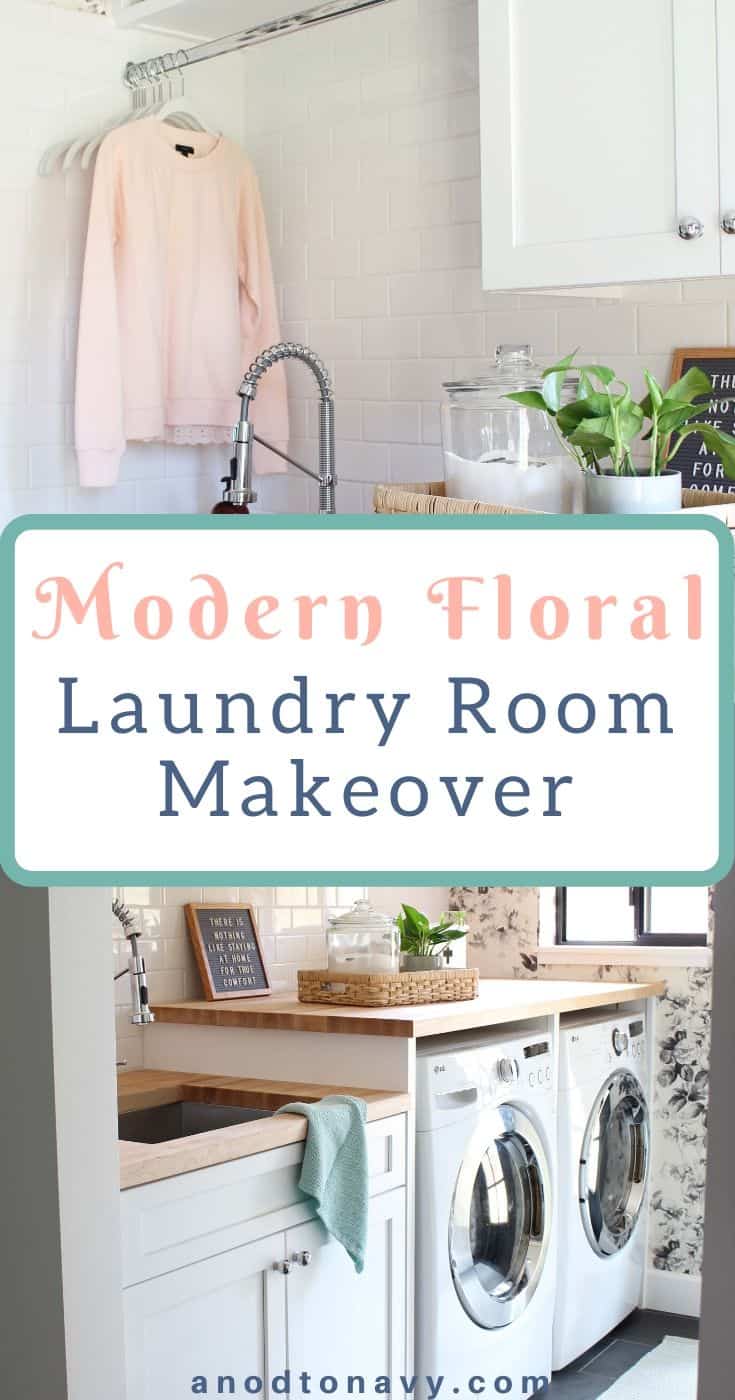 house of hackney smoky rose wallpaper, laundry room with butcher block counter tops, laundry room with slate tile floor, laundry room with two different height countertops, laundry room with white shaker cabinets