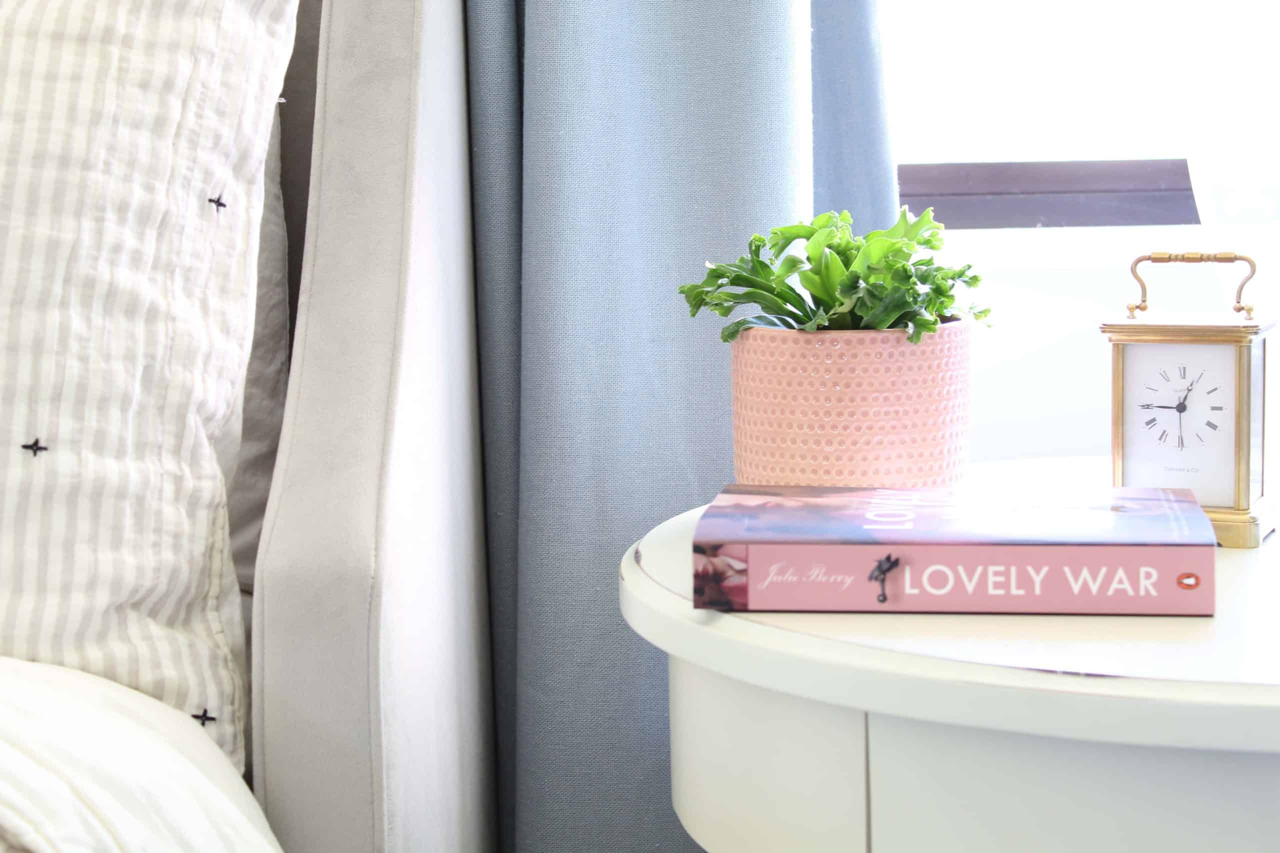 pink plant pot with fern, pottery barn bedside table, lovely war by julie berry