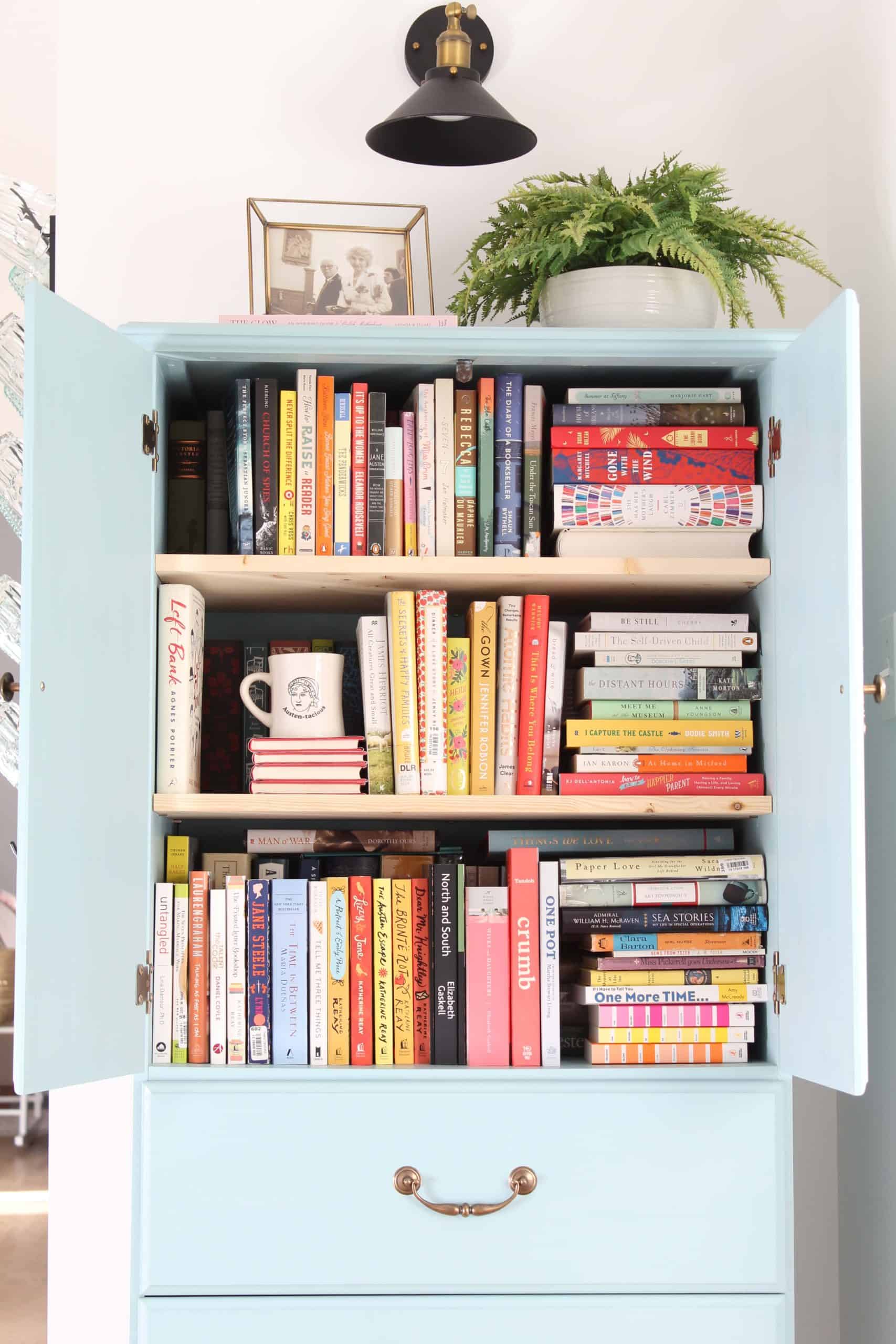 how to make a vintage looking armoire, small home book storage, blue chalk paint armoire