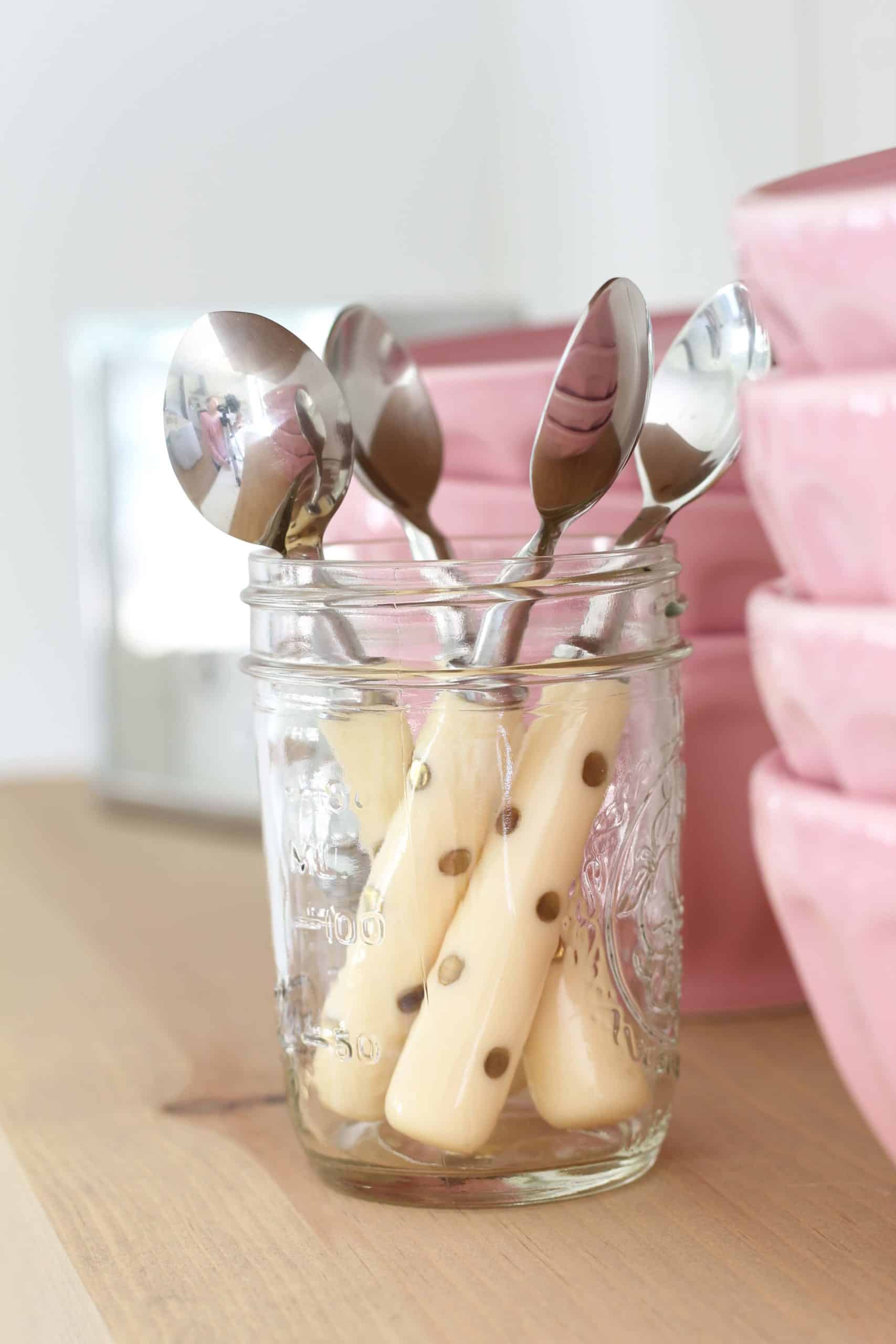 gold polka dot coffee spoons in ball mason jar