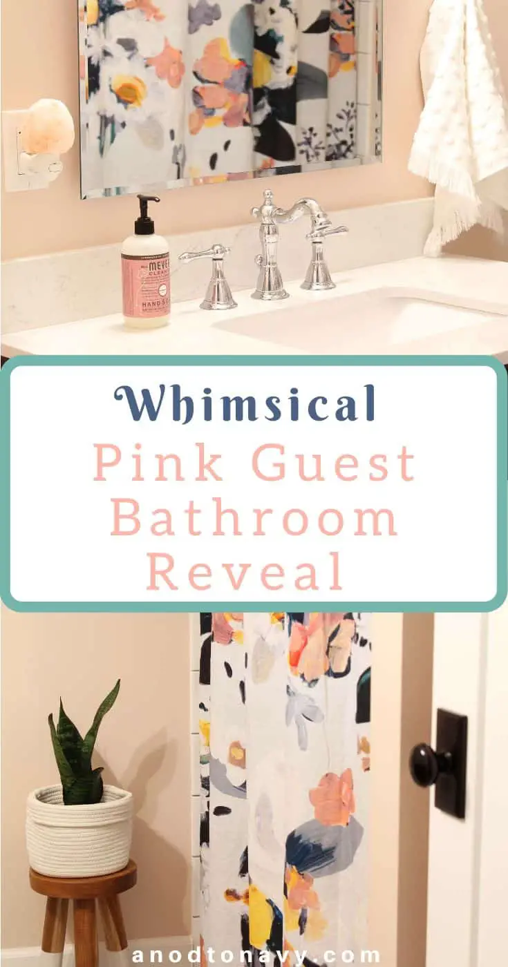 anthropologie botanica shower curtain, bathroom with pink walls, white polka dot towels, white subway tile shower surround, bathroom with hotel towel rack
