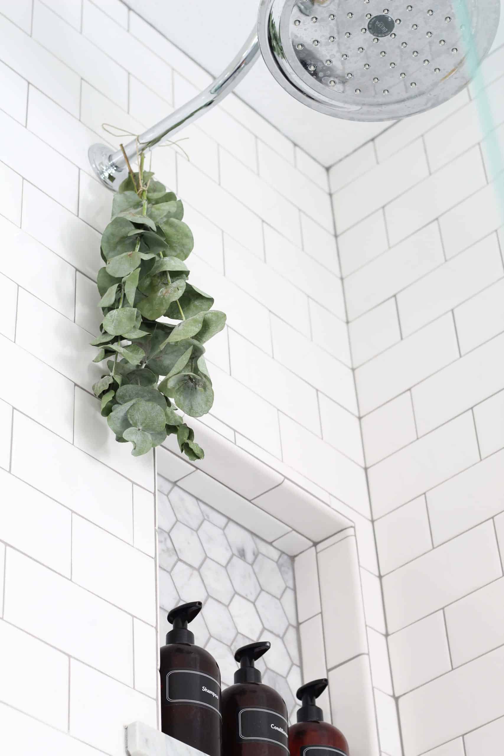 shower head with eucalyptus hanging from it and with subway tile with gray grout