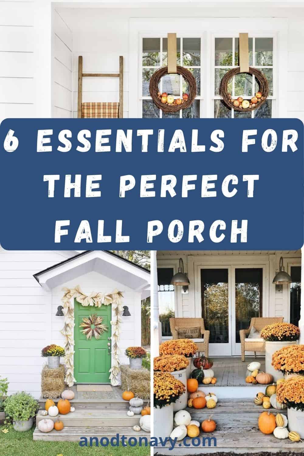 fall wreath, mums, and pumpkins on farmhouse front porch