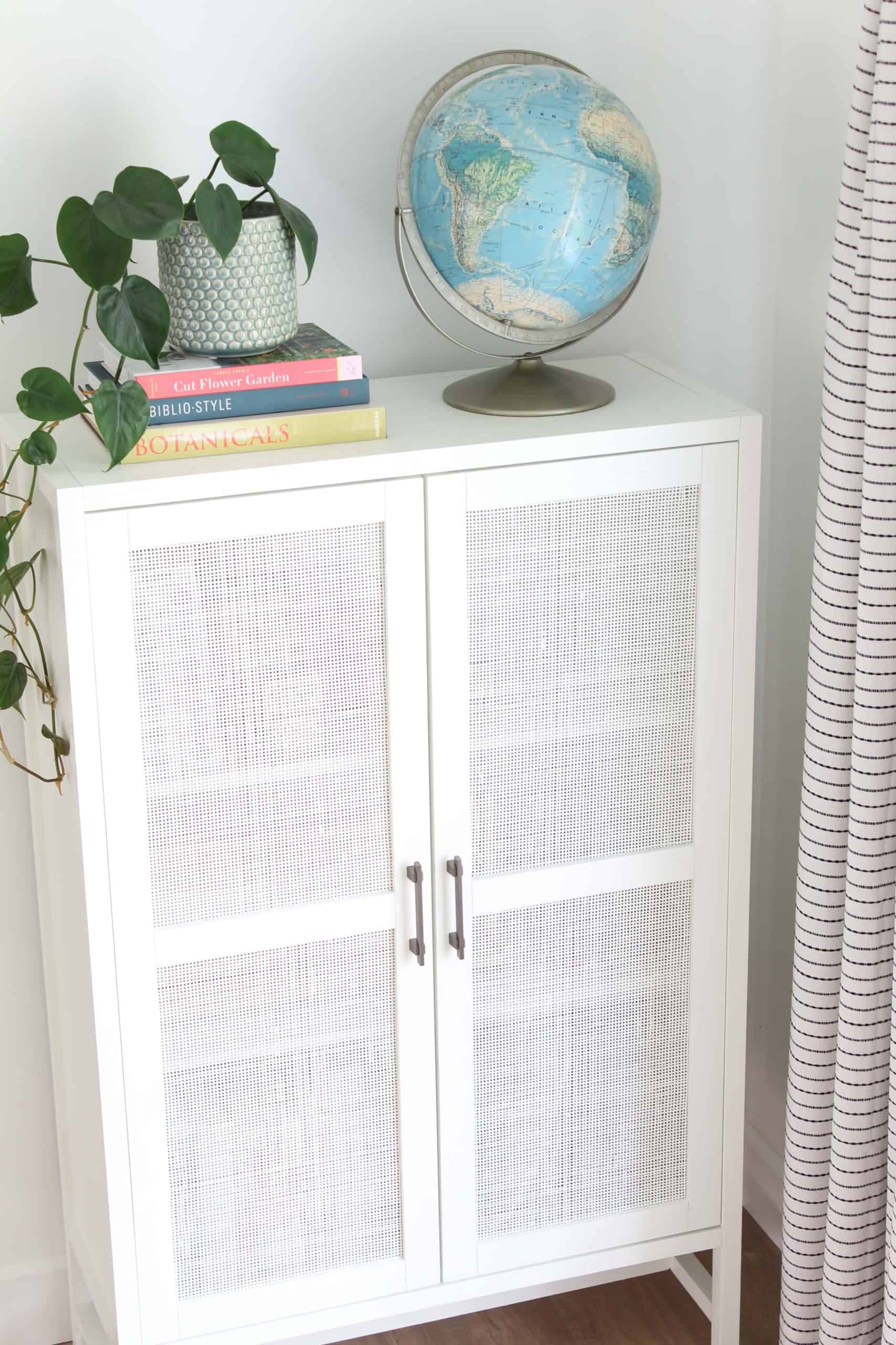 target warwick library cabinet in white, vintage globe, heart leaf philodendron