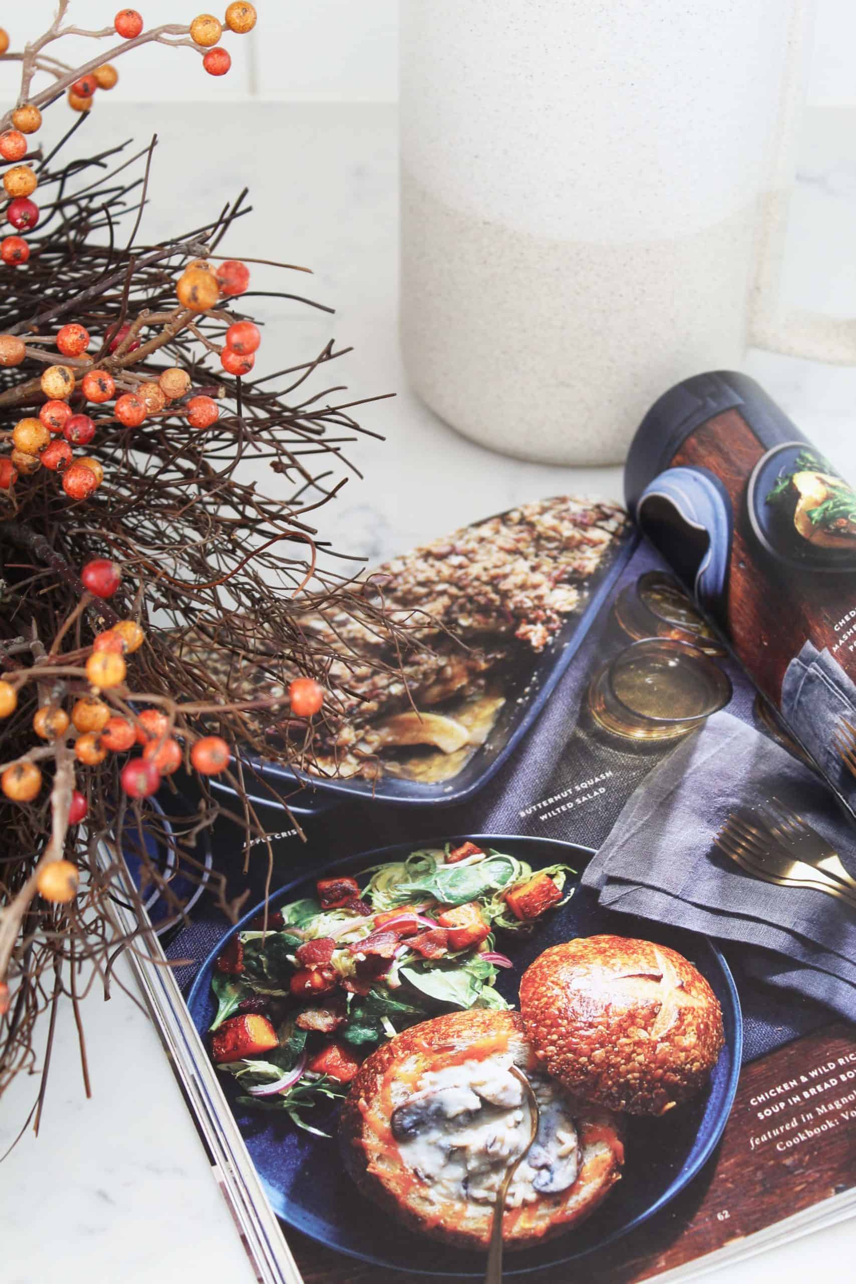 orange fall berry wreath, magnolia magazine and farmhouse pitcher