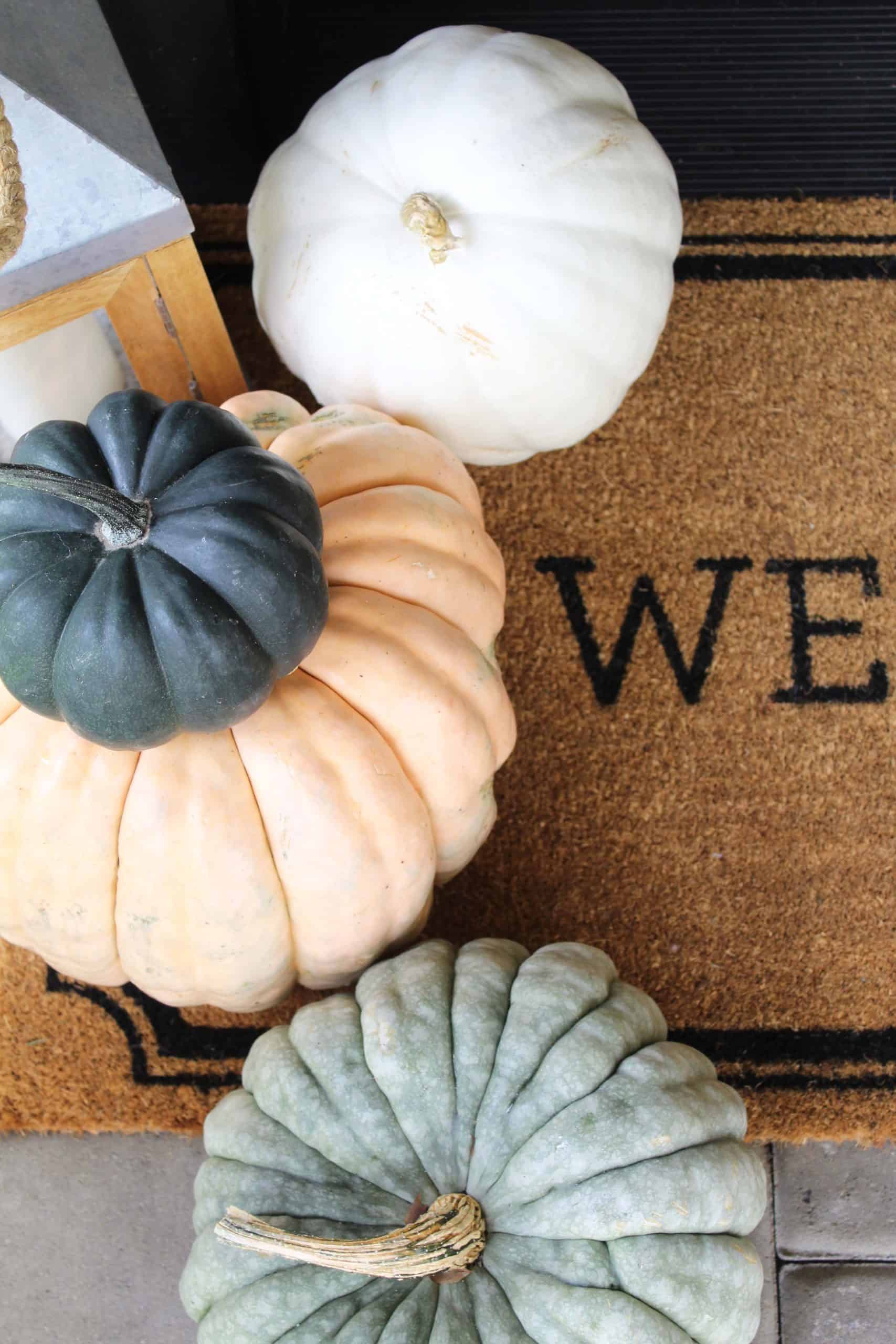 fall fairytale pumpkins on a target welcome doormat with a lantern