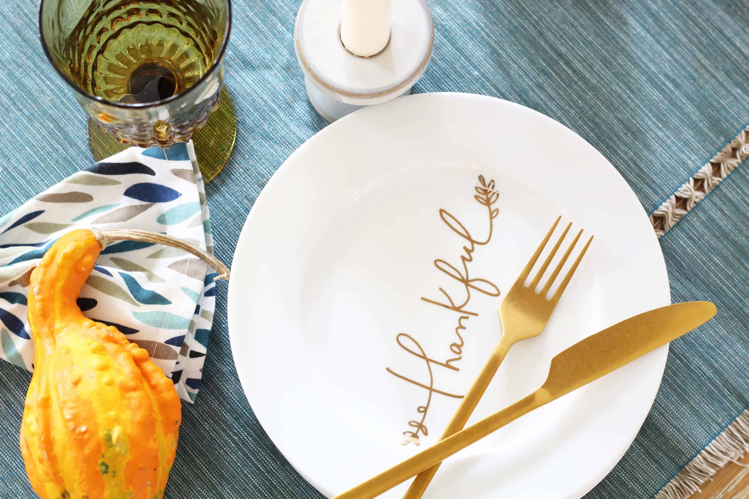 crate and barrel thankful plates, gourd, aqua table runner