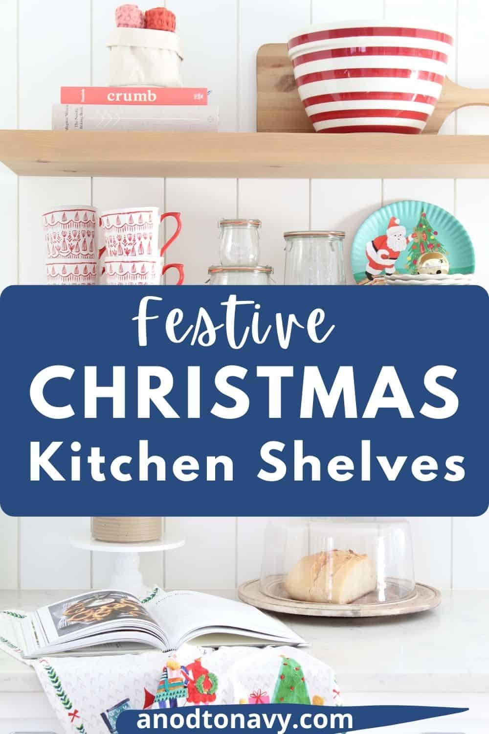 farmhouse kitchen with open kitchen shelves, scandinavian christmas mugs