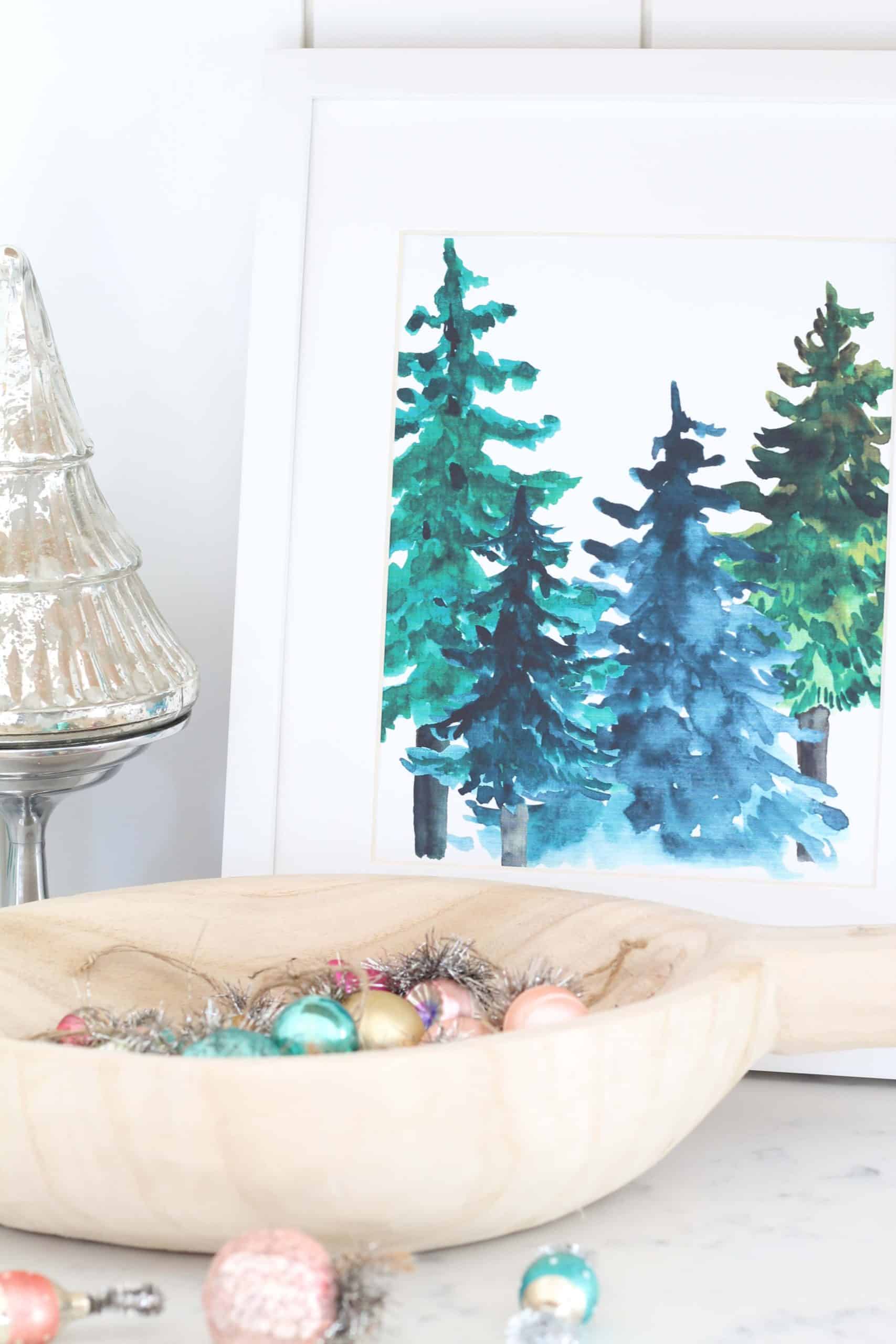 dough bowl with mini vintage ornaments in it, mercury christmas tree, winter forest tree art