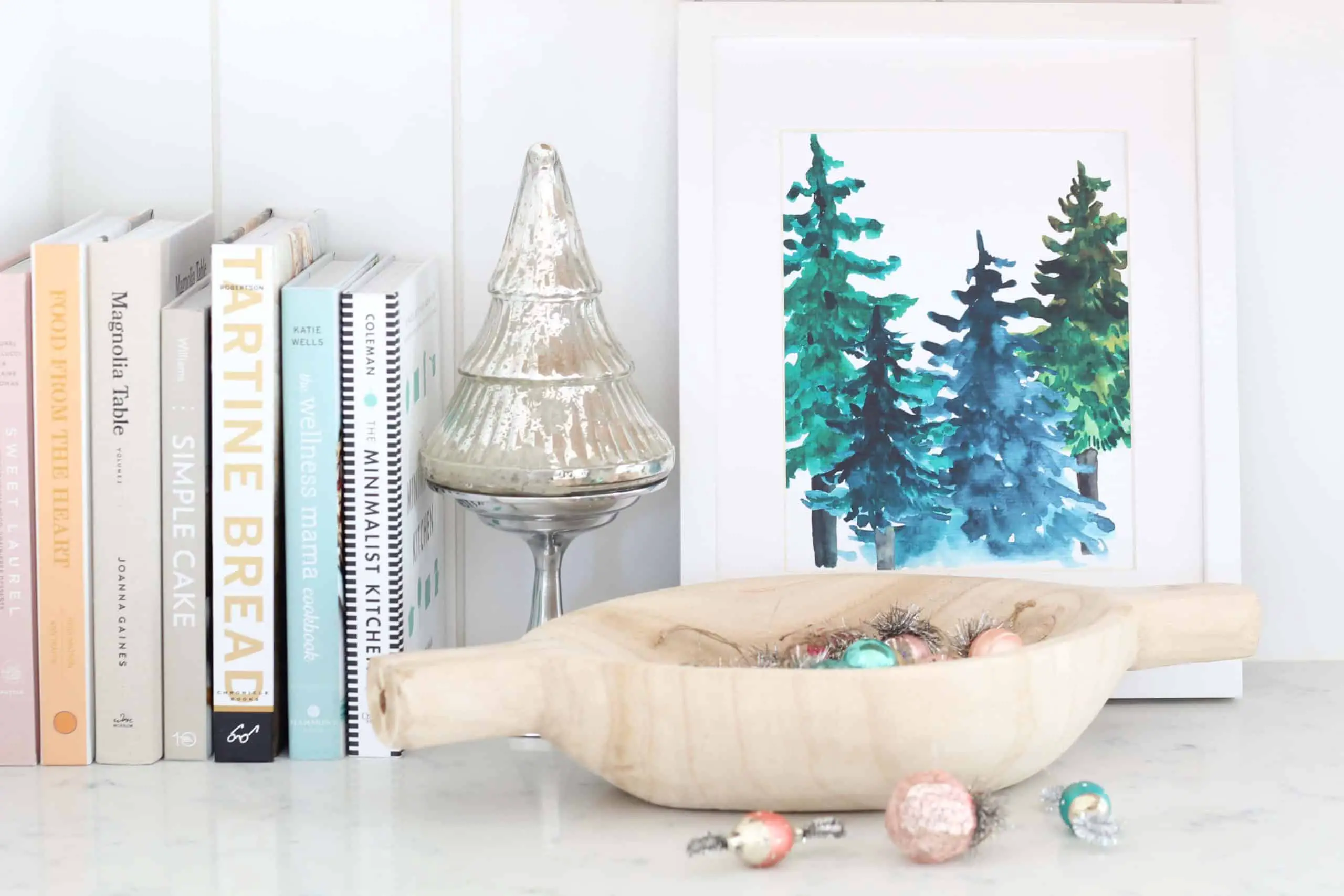 dough bowl with mini vintage ornaments in it, mercury christmas tree, winter forest tree art