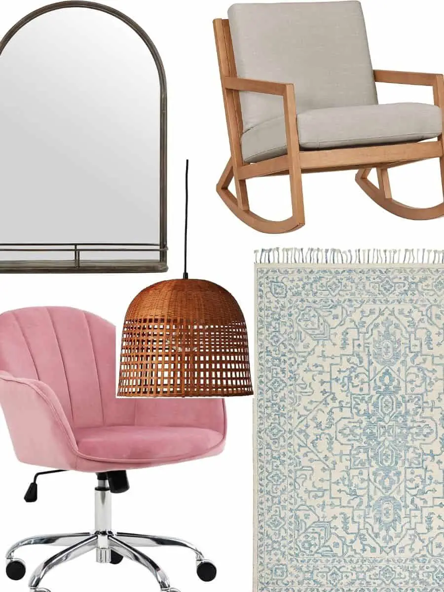 amazon farmhouse furniture, modern wood rocking chair, woven basket light pendant, light blue persian rug, pink velvet office chair, black iron arched farmhouse mirror