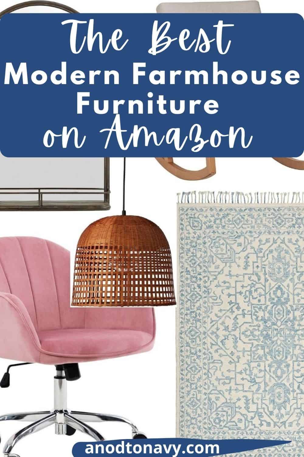 amazon farmhouse furniture, modern wood rocking chair, woven basket light pendant, light blue persian rug, pink velvet office chair, black iron arched farmhouse mirror