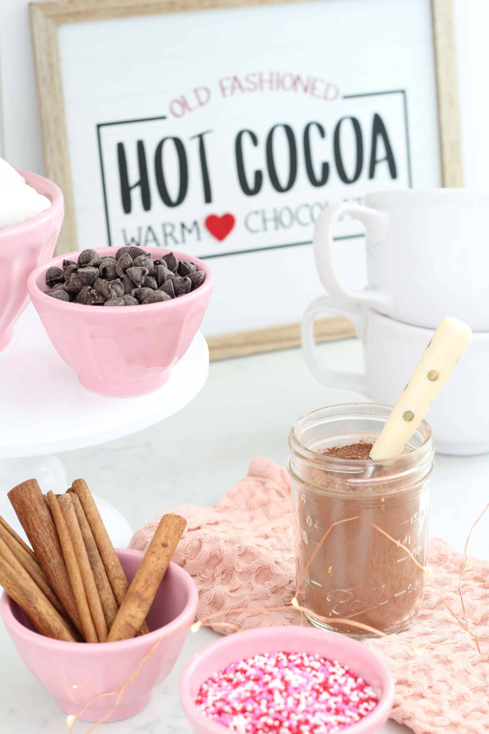 hot cocoa sign, pink anthropologie bowls, hot cocoa powder in ball jar