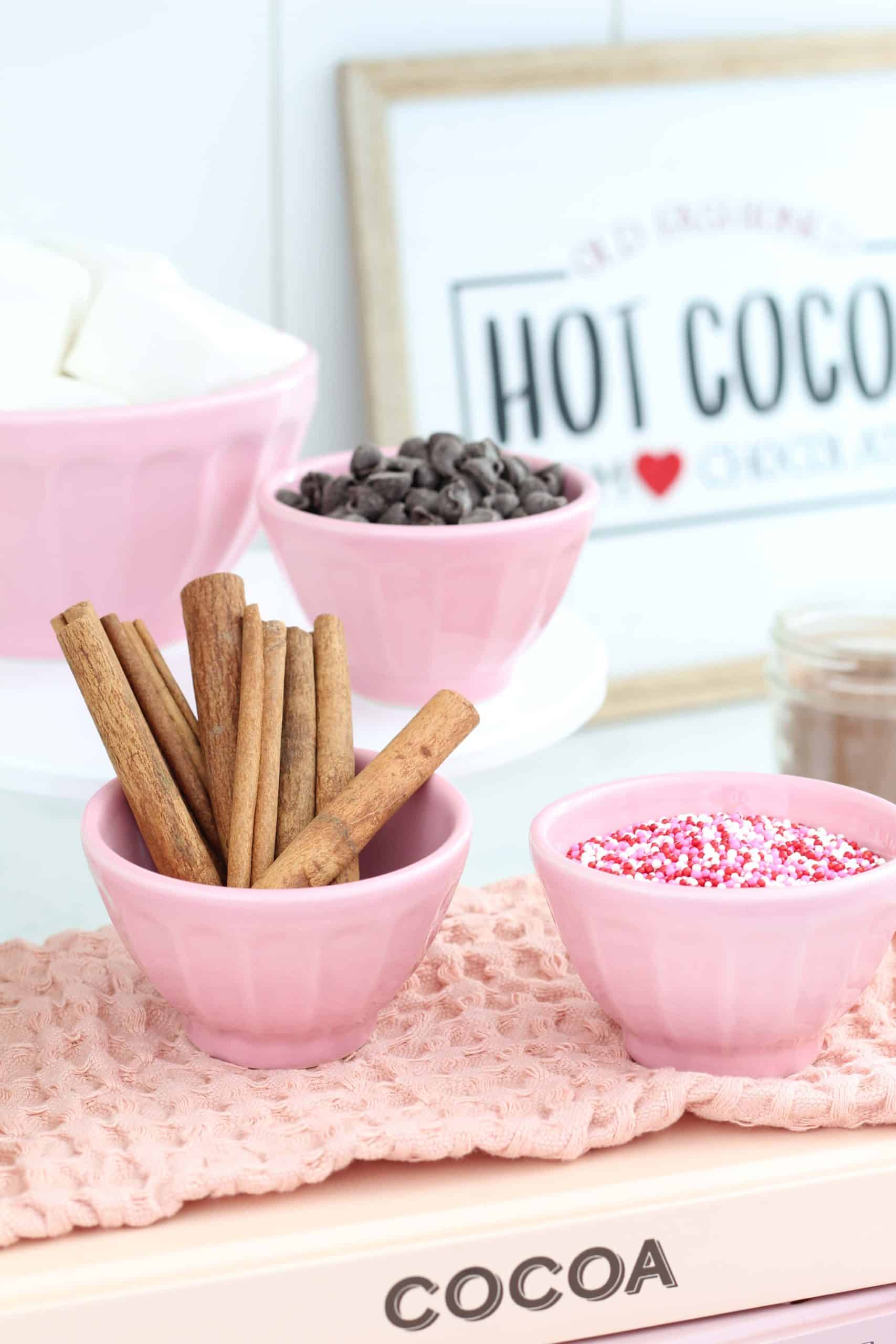 pink anthropologie bowls, cinnamon sticks, dark chocolate chips, pink sprinkles, homemade marshmallows