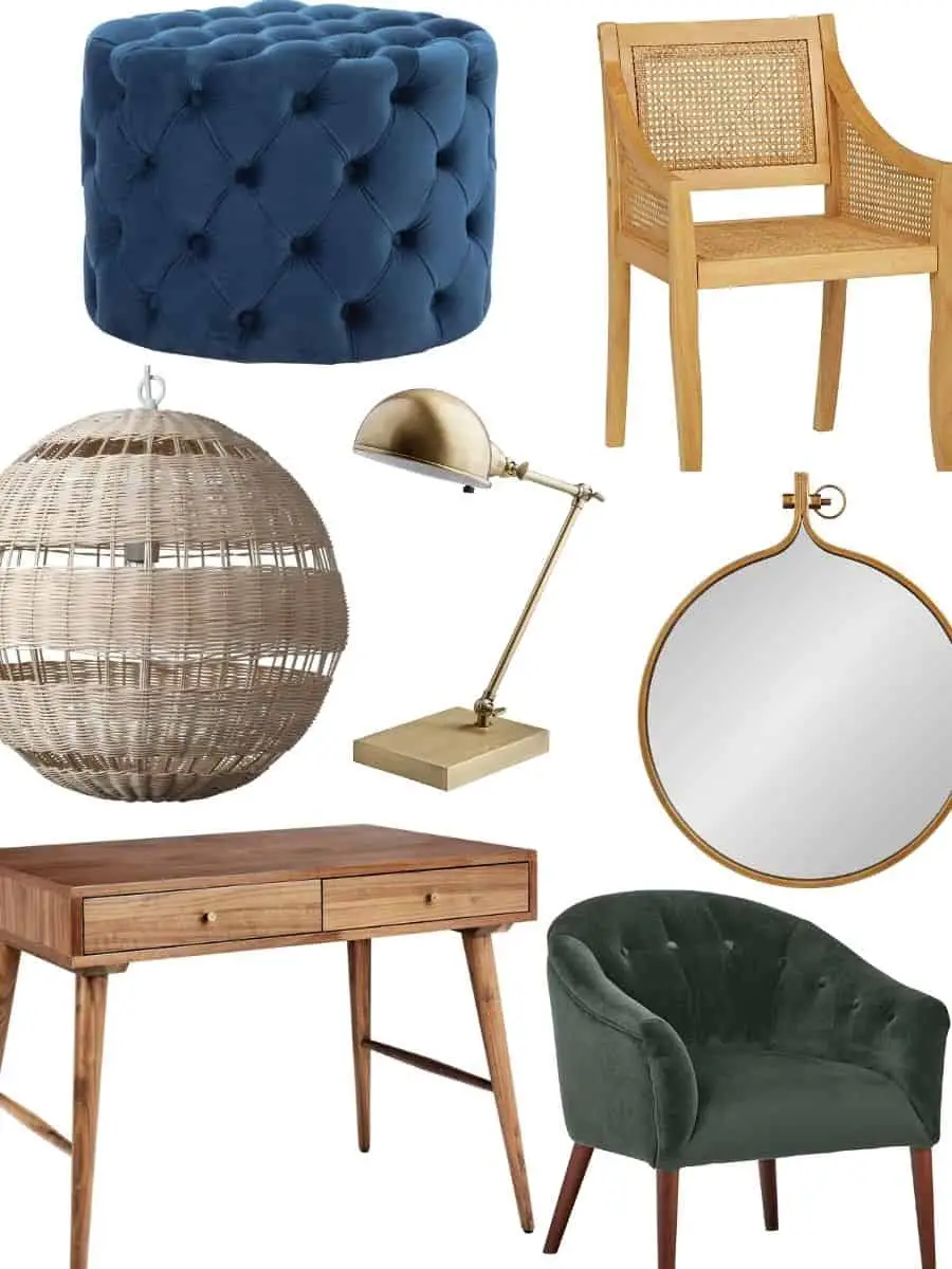amazon furniture, navy blue pouf, cane chair, woven basket light, brass table lamp, modern wood writing desk, modern green velvet chair, gold round mirror