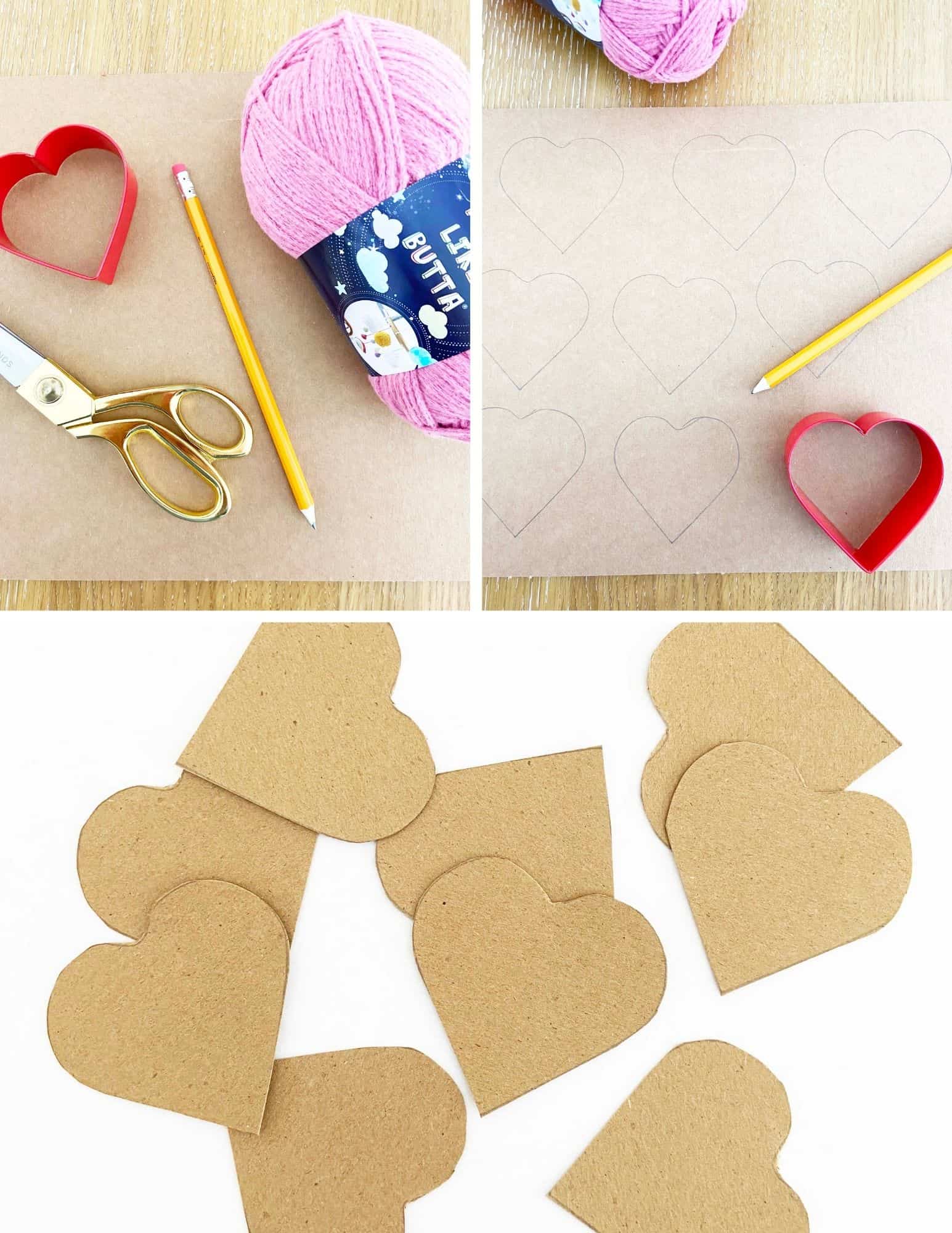 pink yarn, heart cutouts, gold scissors, heart shaped cookie cutter
