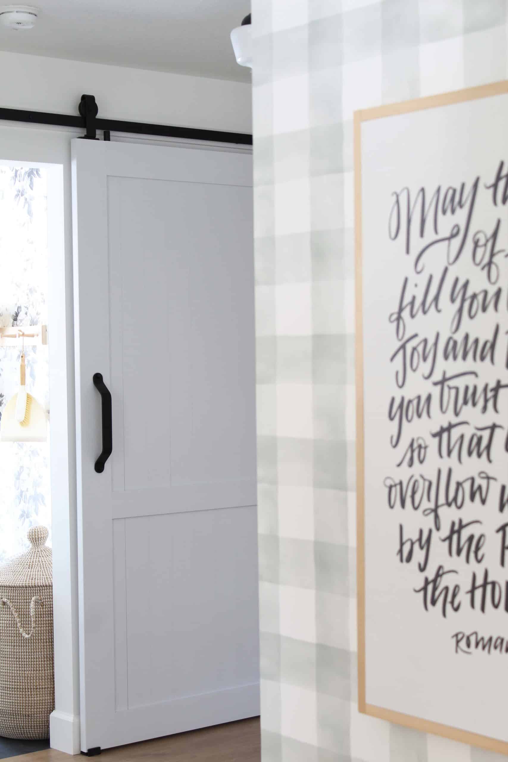 scripture art, barn door on laundry room 