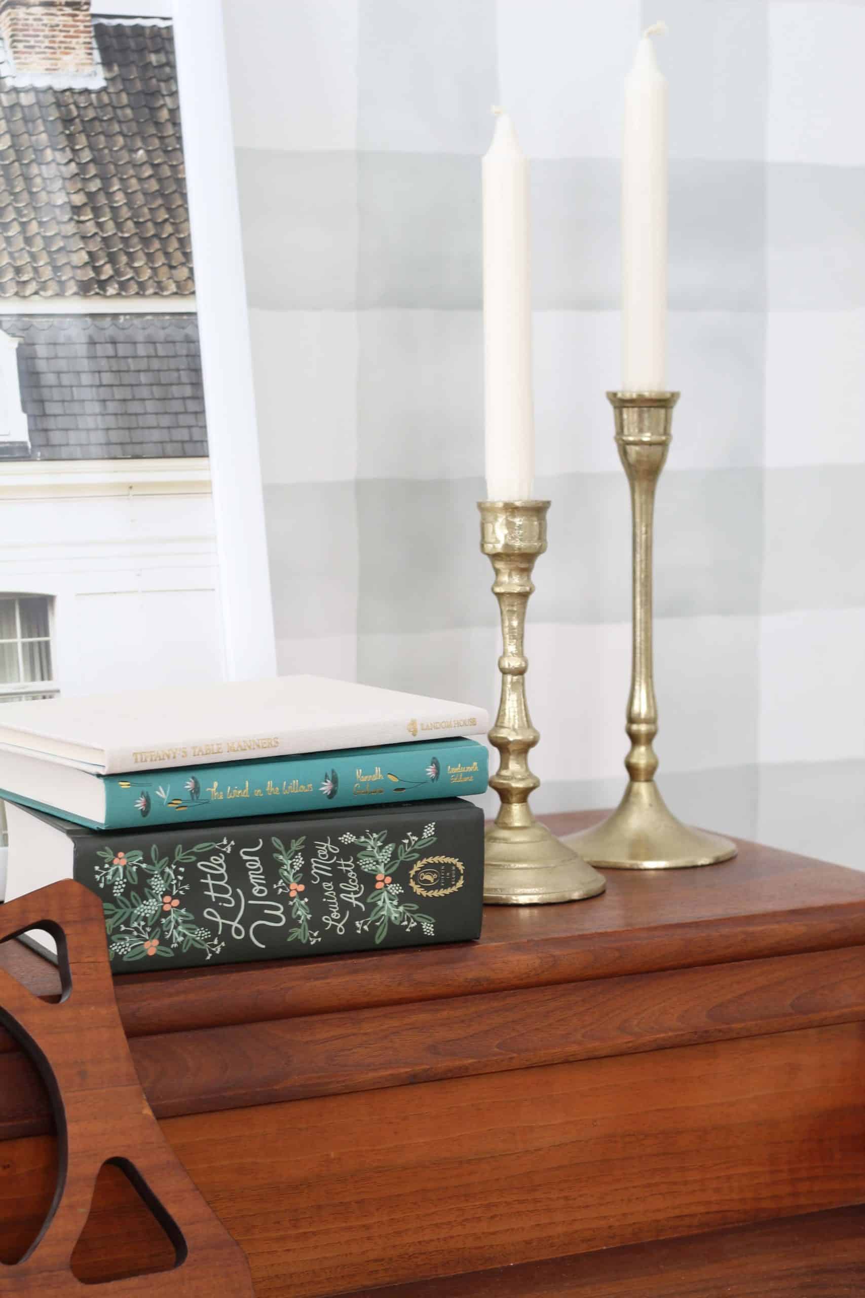 rifle paper co little women book, vintage gold candlesticks 