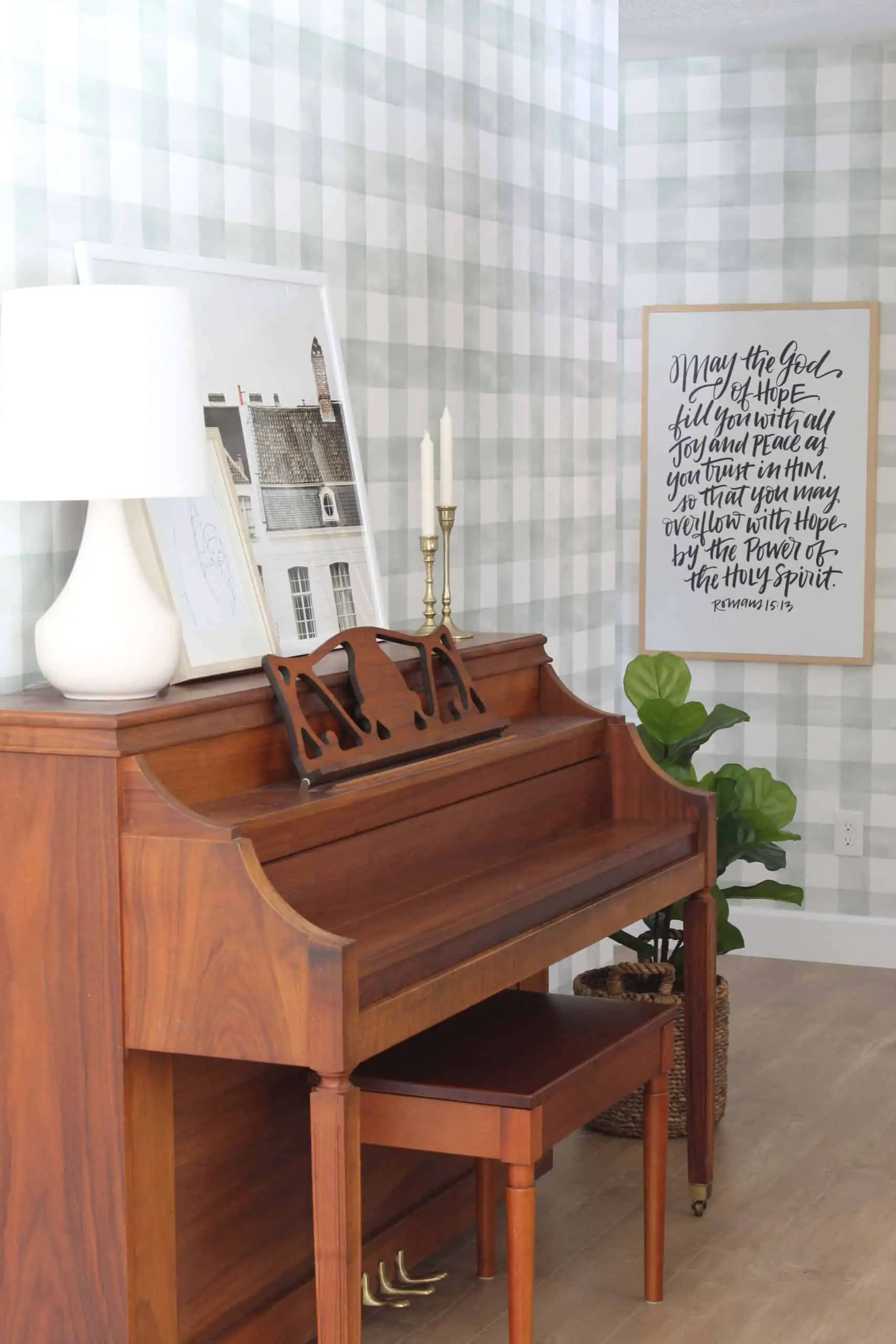 entryway with magnolia watercolor check wallpaper, vintage piano, and threshold wren lamp 
