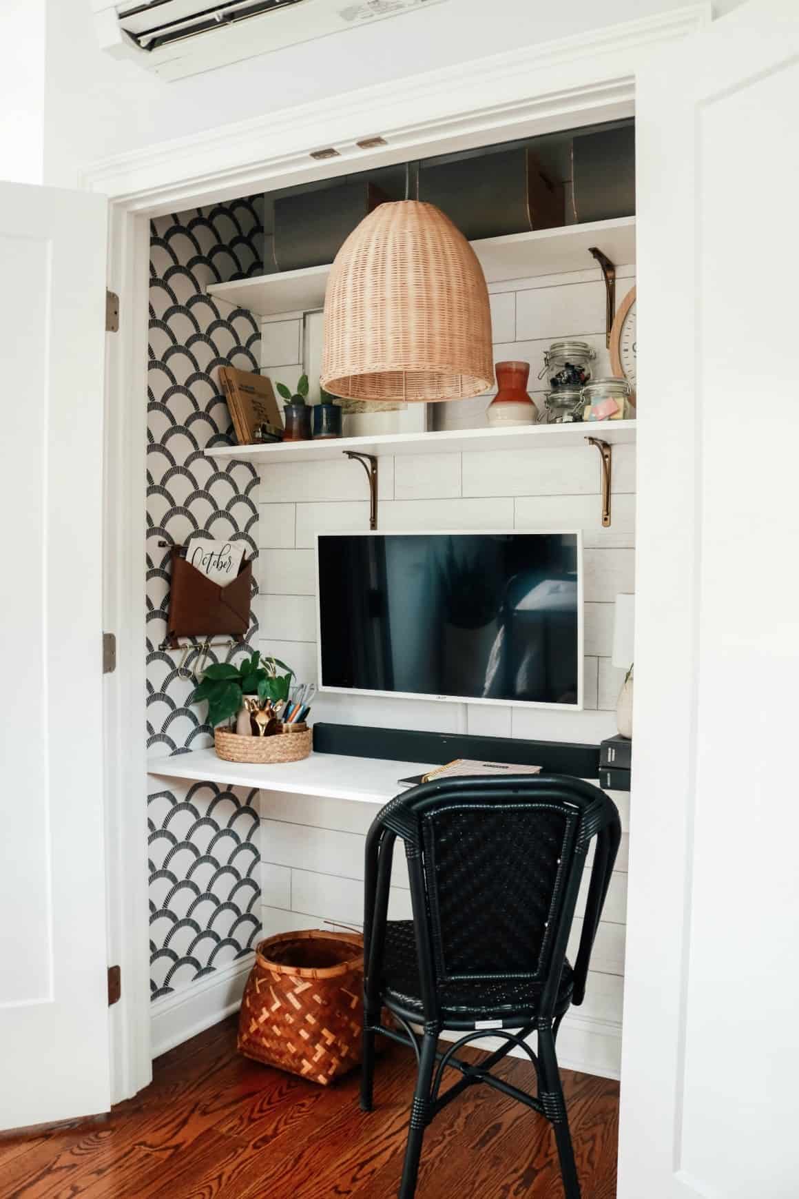 cloffice, home office in closet with basket light